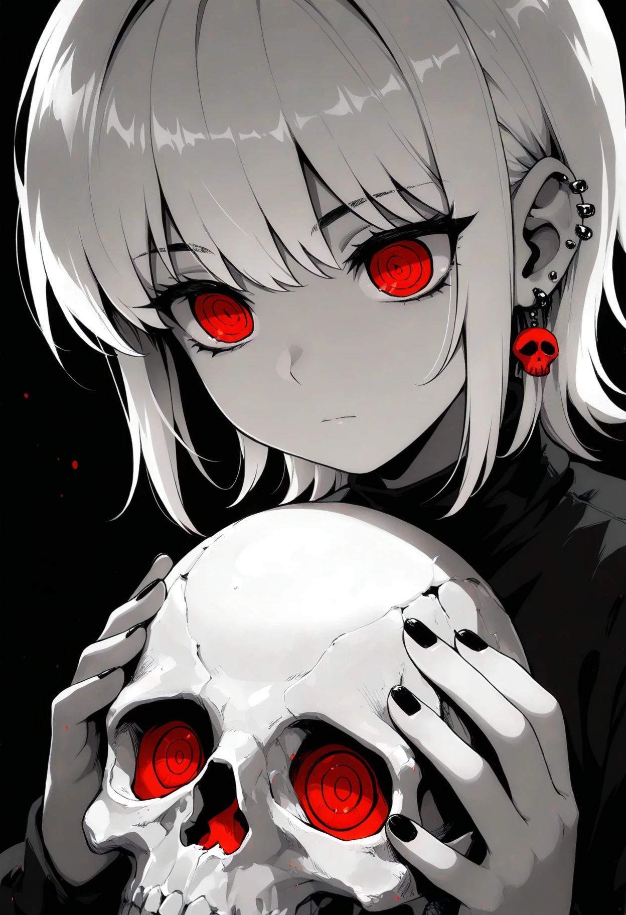 masterpiece, best quality, amazing quality, tarinne, 1girl, black background, closed mouth, ear piercing, earrings, holding, holding skull, jewelry, piercing, red eyes, ringed eyes, skull, solo, white hair, highres monochrome gradient, spot color,
, <lora:Add_Details_v1.2:2>