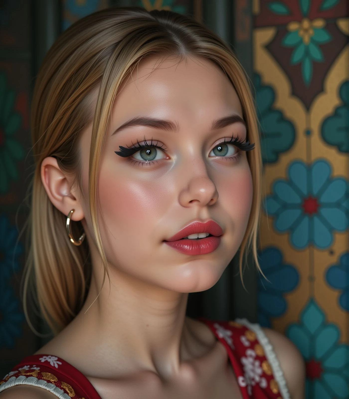 sharp image, 4k, young woman face, close up face, looking away, dark multicolored wall on background, black eyeliner, eyeshadows, long eyelashes,, <lora:Woomy_6_Flux:1.2> dark eyes, red lips, plump lips, blond, ponytail,