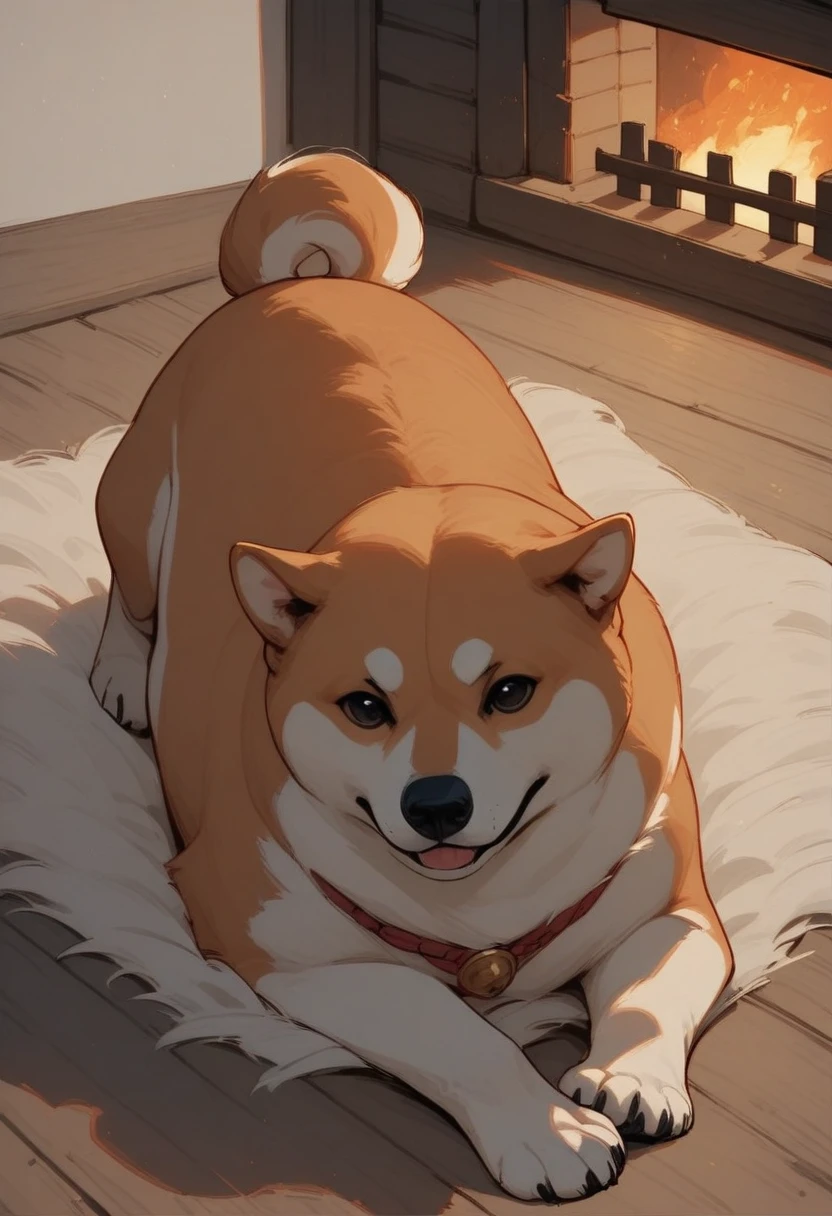 masterpiece, best quality, stylized, no humans, dog, animal focus, shiba inu, on stomach, wooden floor, fireplace, indoors, backlighting