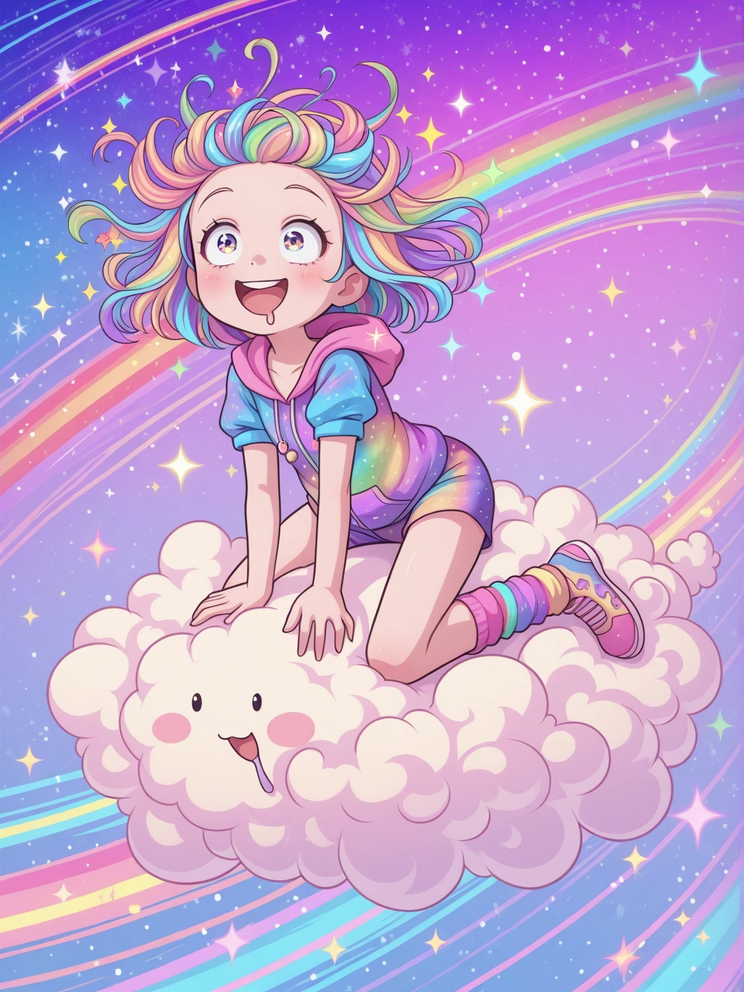 1girl, kawaii, cute, adorable, riding on a cloud, rainbow_ride, rainbow trail, magical, fun, colorful galaxy, [psychedelic], sparkles, [fractal geometrics],  spaced out, drooling, open mouth smile, wide-eyed