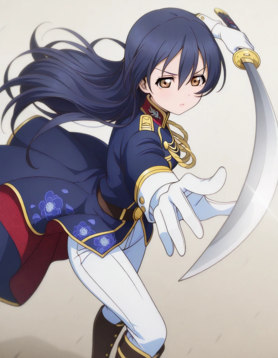 masterpiece, best quality, amazing quality,, <lora:umi-sonoda-s1-illustriousxl-lora-nochekaiser:1>, umi sonoda, sonoda umi, long hair, bangs, hair between eyes, brown eyes, blue hair, mature female, small breasts, anime screencap, <lora:aristocratic-clothes-illustriousxl-lora-nochekaiser:1>, aristocratic clothes, aiguillette, belt, boots, coat, elbow gloves, floral print, gloves, gold trim, jacket, knee boots, military coat, military jacket, military uniform, pants, shoulder boards, two-sided coat, two-sided fabric, vest, <lora:gatotsu-stance-illustriousxl-lora-nochekaiser:1>, gatotsu stance, weapon, sword, katana, holding weapon, holding, holding sword, foreshortening,, ,
