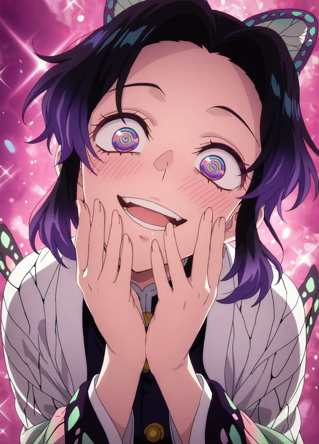 anime screencap,anime coloring,
dynamic pose,head tilt,
(masterpiece, best quality:1.2),
<lora:kirakira:0.8>,sparkle, colorful, kirakira,
1girl, kochou shinobu, crazy eyes, crazy smile, @_@, blush,
<lora:add-detail-xl:1>,