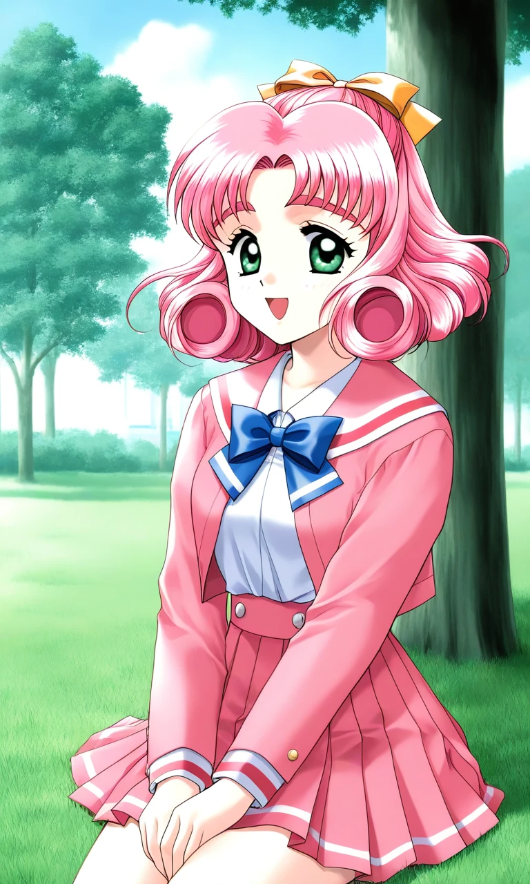 general,highres, ultra-detailed,very aesthetic,best quality ,best hands, BREAK <lora:Minagawa_Nana_kakyuusei_Ver2.0_IS:1>
Minagawa_Nana(kakyuusei), 1girl, solo, pink hair, short hair, hair bow, ribbon, green eyes, curly hair,
school uniform, long sleeves, bangs, pink skirt, pink jacket, pleated skirt, blue bow, white shirt,
smile, v arms, cowboy_Shot, open jacket,
open mouth,
grass, tree, sky, day,