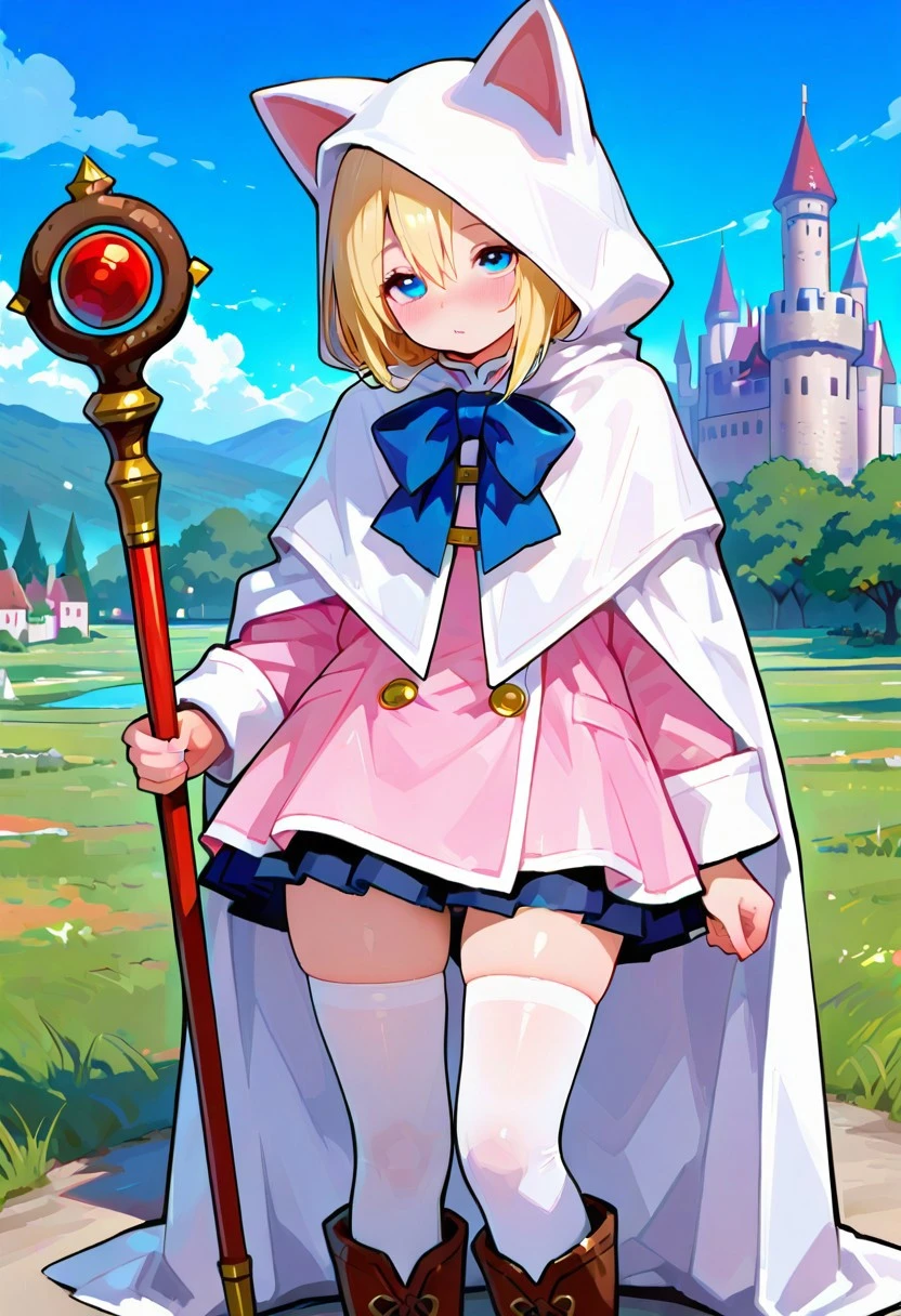 masterpiece, best quality, amazing quality, newest, ,Devout_cos,cat hood,pink dress,white cape,bow,skirt,staff,white_thighhighs,boots,outdoor,castle,748cmstyle