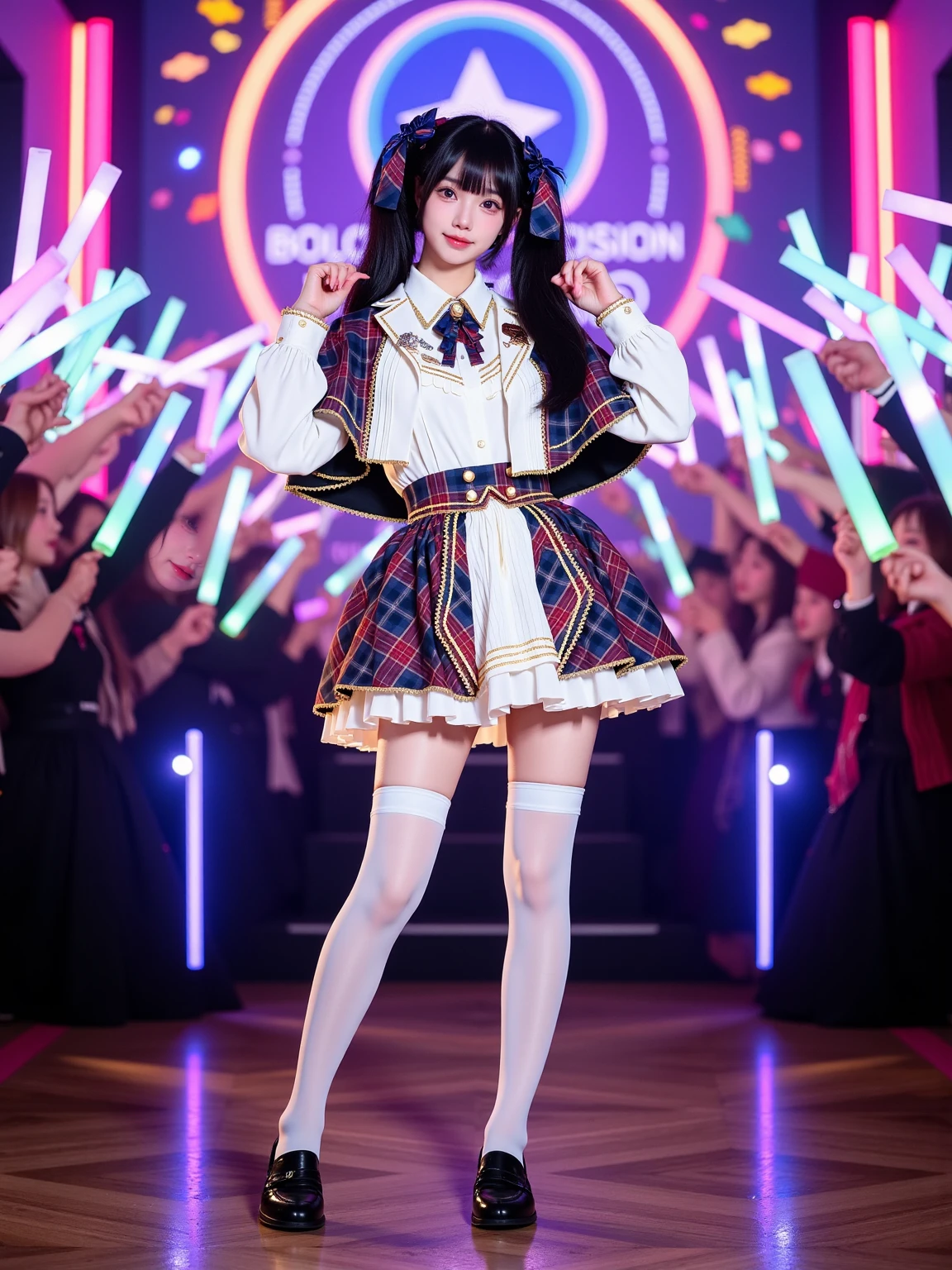 A realistic photo of a beautiful woman in idol outfit. She is also wearing white thighhighs and black loafers. She has long black straight with twintails and hair ribbon. She is in dynamic pose. The background is in a small, intimate venue. The stage is adorned with colorful lights and a backdrop featuring the idol group's logo. The audience is filled with enthusiastic fans waving glow sticks, creating a mesmerizing sea of color. The photo is a full body shot with her entire body visible and with detail background.