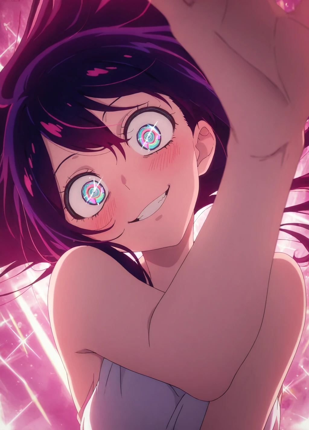 anime screencap,anime coloring,
dynamic pose,head tilt,
(masterpiece, best quality:1.2),
<lora:kirakira:0.8>,sparkle, colorful, kirakira,
1girl, hoshino ai,
crazy eyes, crazy smile, @_@, blush,
<lora:add-detail-xl:1>,