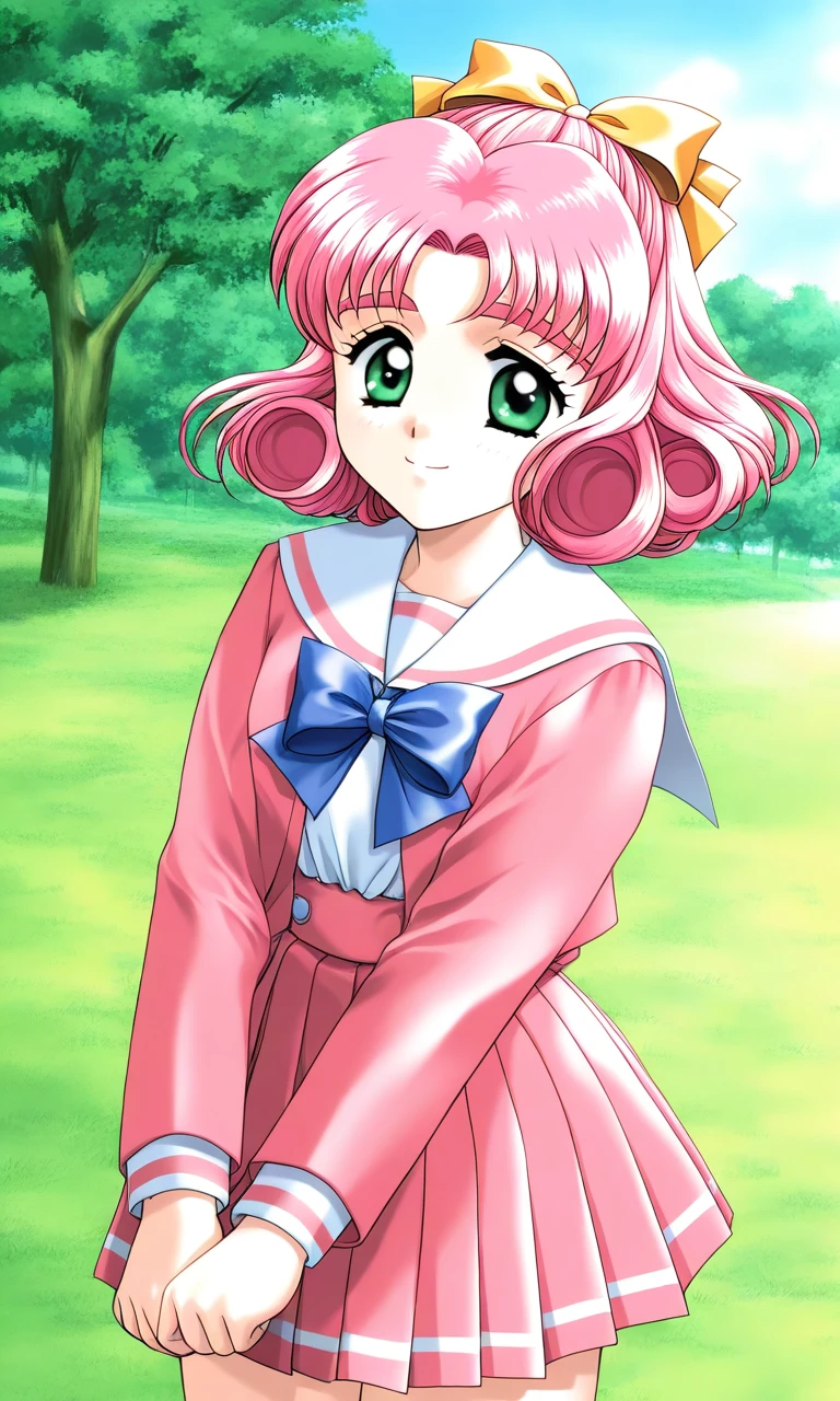 general,highres, ultra-detailed,very aesthetic,best quality ,best hands, BREAK <lora:Minagawa_Nana_kakyuusei_Ver2.0_IS:1>
Minagawa_Nana(kakyuusei), 1girl, solo, pink hair, short hair, hair bow, ribbon, green eyes, curly hair,
school uniform, long sleeves, bangs, pink skirt, pink jacket, pleated skirt, blue bow, white shirt,
smile, v arms, cowboy_Shot, open jacket,
grass, tree, sky, day,
