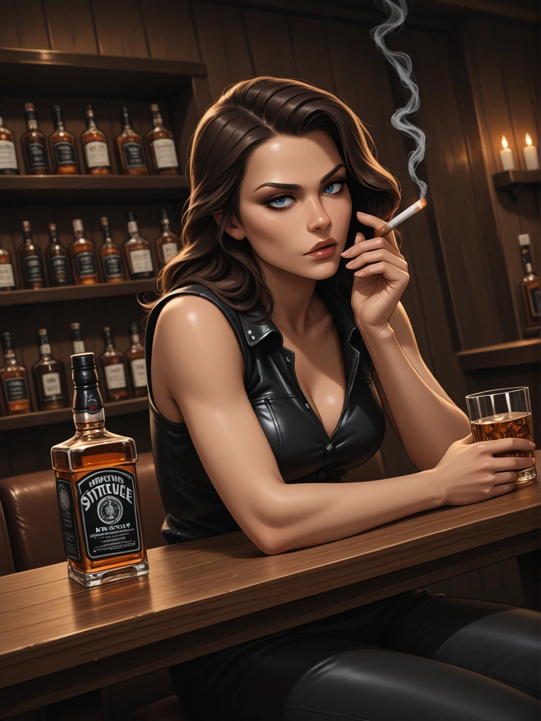 1gril, femme_fatale, smoky bar, dive_bar, sitting, cigarette, whisky, defiant gaze, moody_Noir, close-up, dynamic angle
