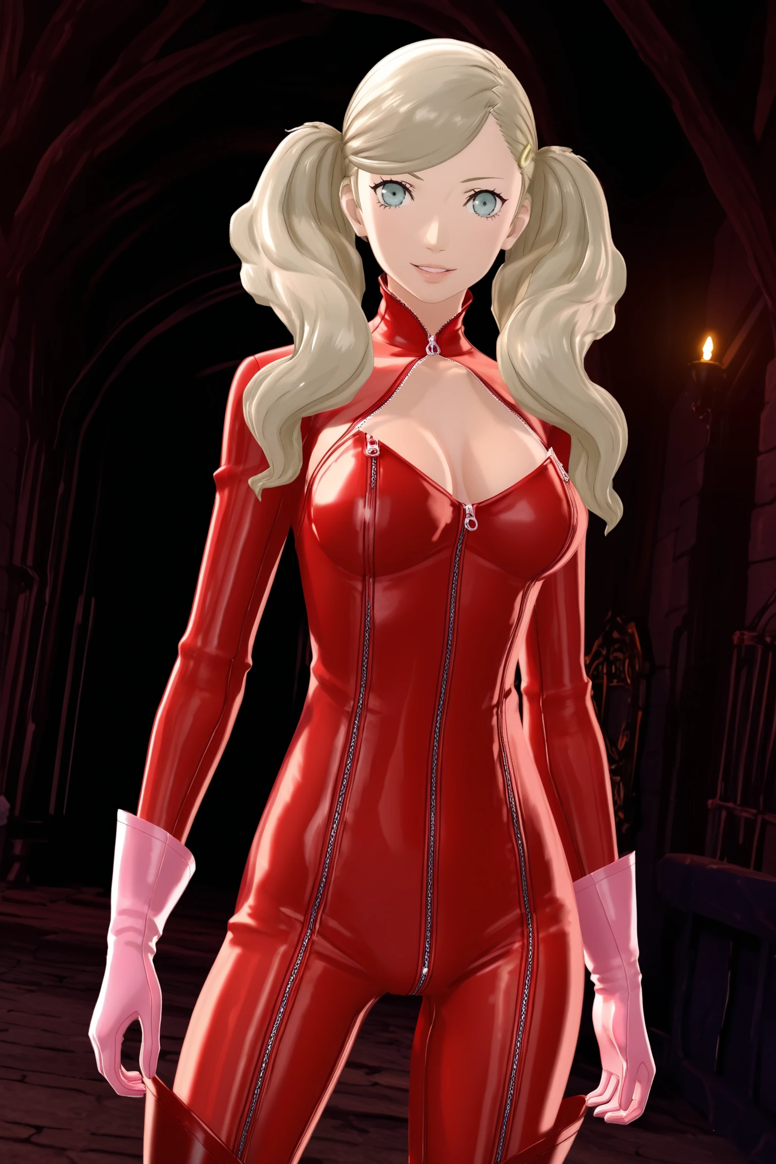 detailed face, masterpiece, best quality,absurdres, official style, amazing quality, ultra detailed, highres, amazing quality, scenery, beautiful detailed hair, beautiful detailed eyes, detailed character model, 3d, 3d character,
 <lora:Persona_5_in-game_3D_models_-_Illustrious_V2:1>
in a dungeon,
1girl, solo, twintails, takamaki anne, breasts, red bodysuit, gloves, bodysuit, medium breasts, cleavage, long hair, zipper, dutch angle, looking at viewer, parted lips, grey hair, pink gloves, blue eyes, sexy smile, cowboy shot