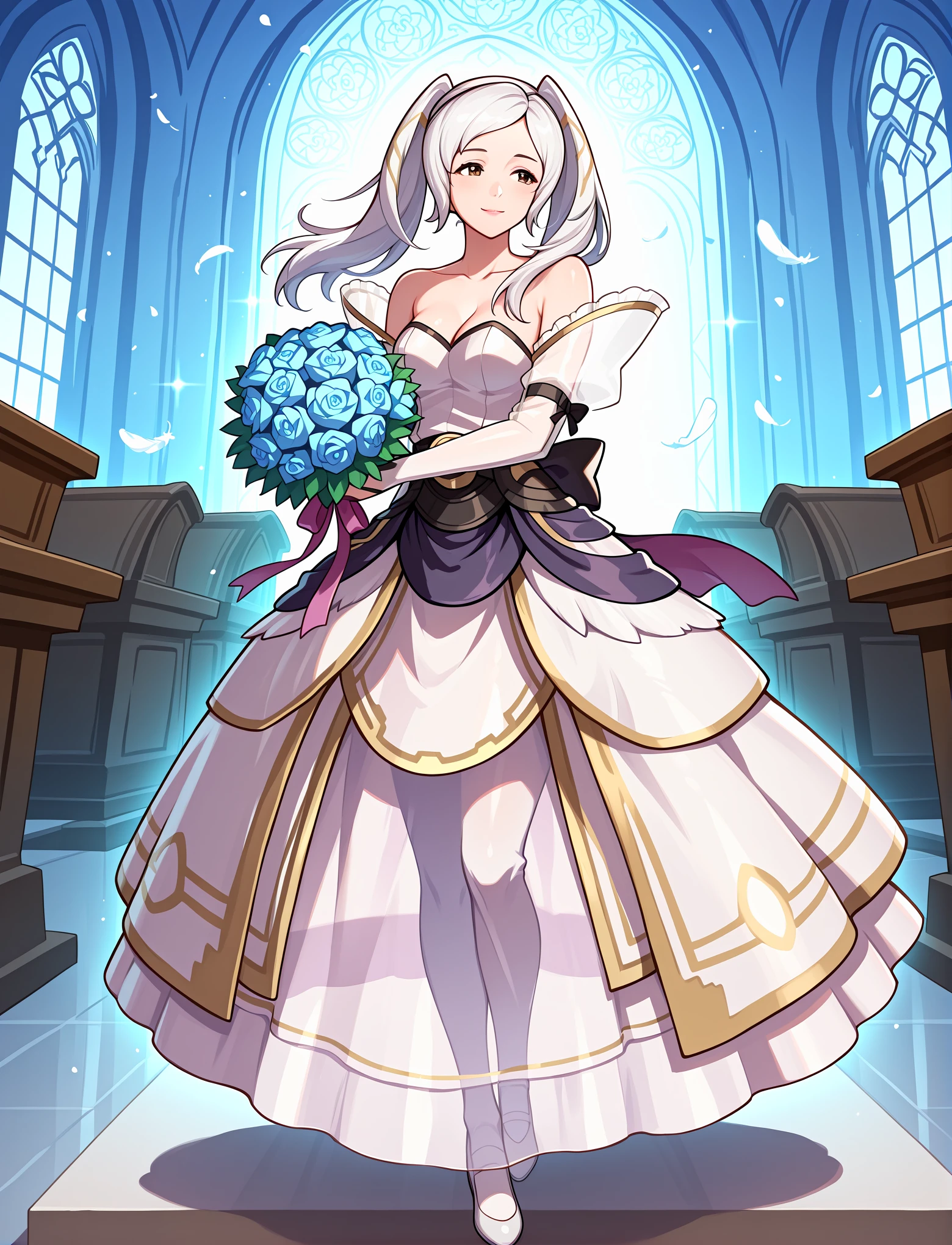 full body, church, temple, wedding, dynamic pose, altar, 1girl,
happy, light smile,
<lora:AwakeningBridal2:1> awakeningbride, collarbone, strapless, shoulders, cleavage, back bow, ribbons, butterfly hair ornament, long dress, (glowing dress), sparkling dress, shiny clothes, white wedding dress, feathers, detached sleeves, bridal gauntlets, gold trim, blue glow, holding bouquet, see-through silhouette,
<lora:Robinv1:1> Robin, long hair, white hair, twintails, brown eyes,, masterpiece, best quality, amazing quality, very aesthetic, absurdres, newest