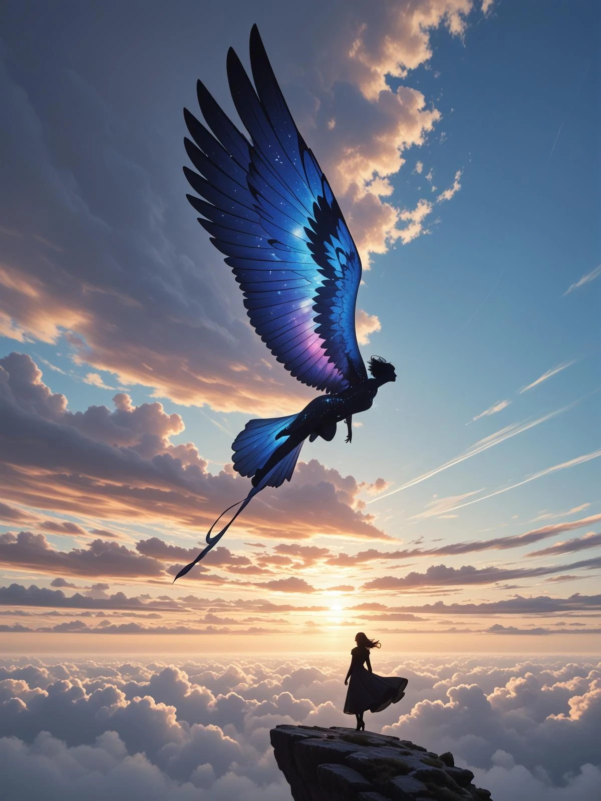 beautiful silhouette in the sky woven from clouds flying over forests, high detail, scene, dynamic pose, fantasy, super quality, score_9, artistic photorealism, light leaks, abstract multilayer texture, radiant vibe