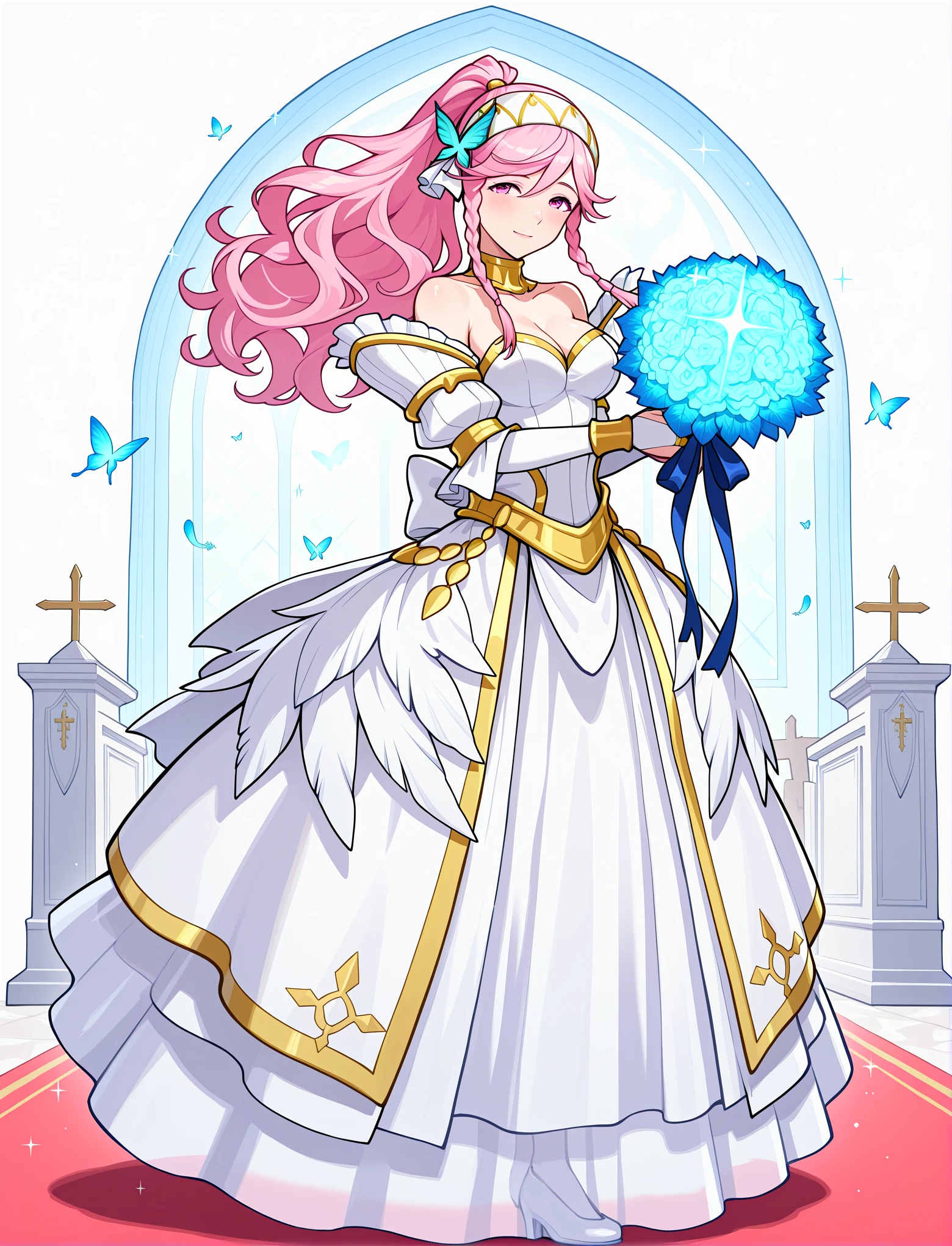 full body, church, temple, wedding, dynamic pose, altar, 1girl,
happy, light smile,
<lora:AwakeningBridal2:1> awakeningbride, collarbone, strapless, shoulders, cleavage, back bow, ribbons, butterfly hair ornament, long dress, (glowing dress), sparkling dress, shiny clothes, white wedding dress, feathers, detached sleeves, bridal gauntlets, gold trim, blue glow, holding bouquet,
<lora:Olivia:1> Olivia, pink hair, long hair, braid, twin braids, side braid, ponytail, hairband, pink eyes, ,, masterpiece, best quality, amazing quality, very aesthetic, absurdres, newest