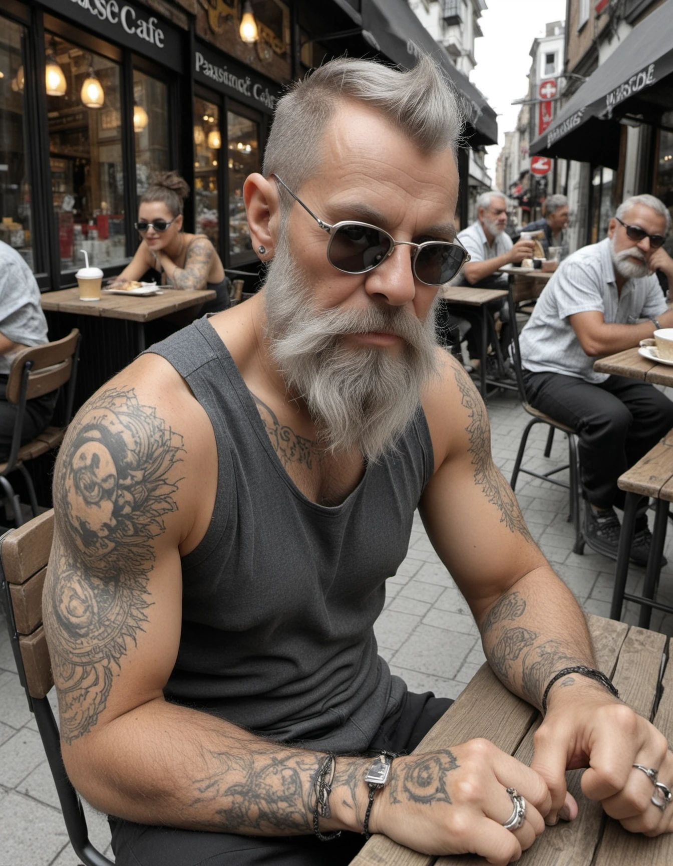 photo of an 60yo white man, grey hair, fit body, undercut, beard, sunglasses, tattoos, sitting in a streetcafe, watching the passers-by, RAW photo, high quality, professional, 4k, highly detailed, <lora:add_detail:1>,