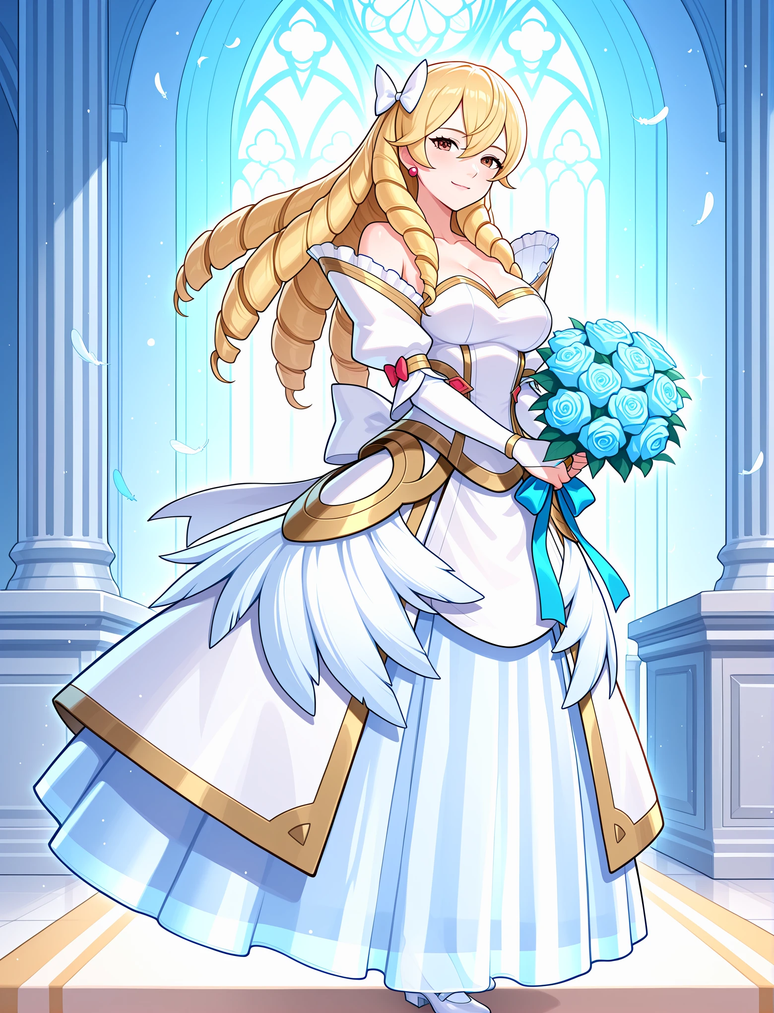 full body, church, temple, wedding, dynamic pose, altar, 1girl,
happy, light smile, 
<lora:AwakeningBridal2:1> awakeningbride, collarbone, strapless,  shoulders, cleavage, back bow, ribbons, butterfly hair ornament, long dress, (glowing dress), sparkling dress, shiny clothes, white wedding dress, feathers, detached sleeves, bridal gauntlets, gold trim, blue glow, holding bouquet,
 <lora:femaribelle-illu-nvwls-v1:1> mribl, blonde hair, hair between eyes, bangs, ringlets, long hair, brown eyes, hair bow, white bow, earrings, ,, masterpiece, best quality, amazing quality, very aesthetic, absurdres, newest