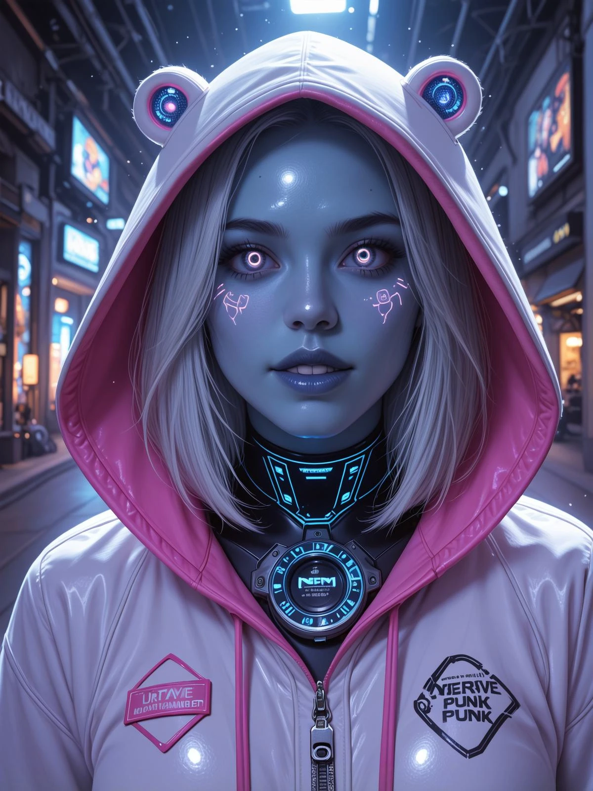 underground culture meetup, cybergirl netrunner camera eyes implants in techno gadget hoody hacking computers AI holograms in air, merge of venom and punk realms, ultrarealistic, electric spirits and ghosts, award-winning, highly detailed, 50mm photo, light leaks, complementary colors, fragmented icons, radiant vibe