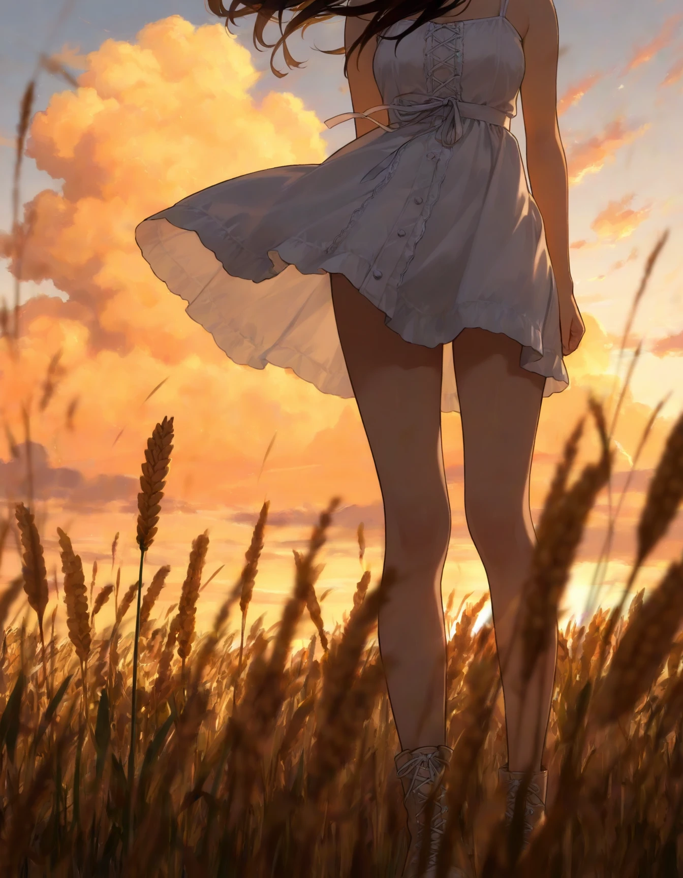 white laced cottagecore short dress, cleveage, wind, corn field, wheat field, sunset, golden hour, clouds, blurred foreground, ((masterpiece)), (best quality), (extreme detail), perfect body, solo, 1girl,