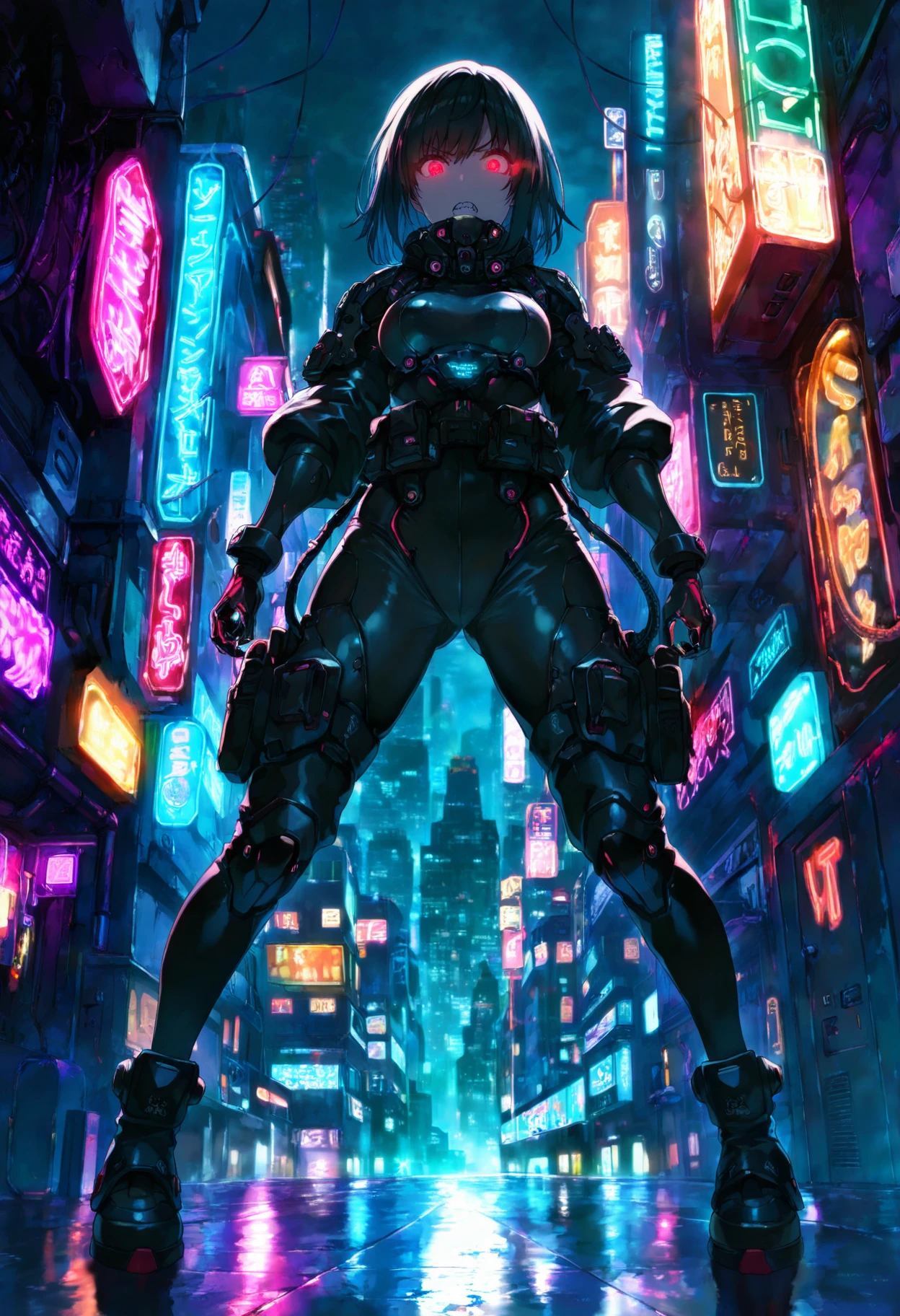 masterpiece, best quality, amazing quality, highres, absurdres, 1girl, solo, futuristic armor, neon lights, cityscape at night, glowing eyes, sharp style, techwear, intense expression, by saitom
, <lora:Add_Details_v1.2:2>