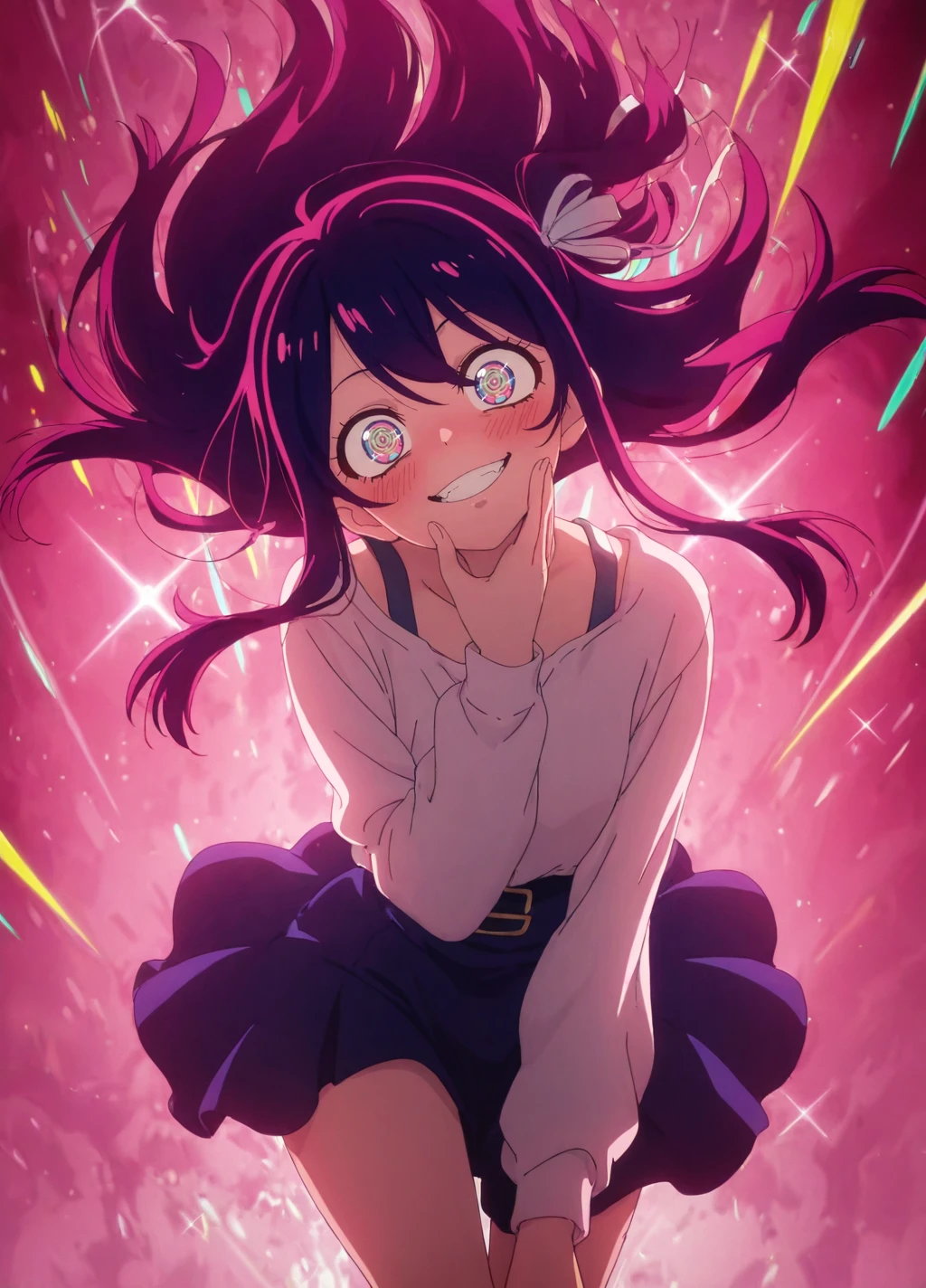 anime screencap,anime coloring,
dynamic pose,head tilt,
(masterpiece, best quality:1.2),
<lora:kirakira:0.8>,sparkle, colorful, kirakira,
1girl, hoshino ai,
crazy eyes, crazy smile, @_@, blush,
<lora:add-detail-xl:1>,
