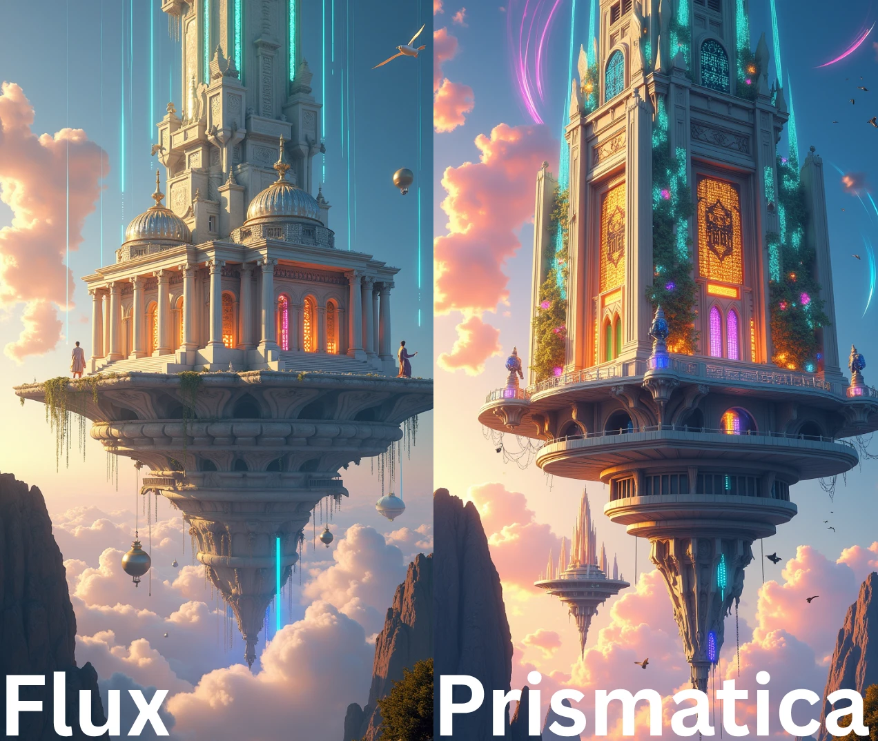 A monumental floating temple drifts high above a fractured sky, suspended by spiraling streams of light and magnetic auras. Its structure blends ancient elegance with avant-garde futurism—columns carved from glowing crystal, rooftops draped in animated silk banners that ripple with shimmering runes, and stained-glass domes that refract holographic rainbows into the clouds below. The entire temple pulses with bioluminescent energy—veins of circuit-like gold threading through pale marble and translucent alloys. Organic vines with luminous petals climb its sides, intertwining with cybernetic sculptures of forgotten deities and mechanical birds in mid-flight. The surrounding sky is an abstract watercolor gradient—indigo and peach, fragmented with floating landmasses and streaks of digital aurora. Ethereal monks in radiant robes glide along gravity-defying paths of code and light, tending to sacred archives made of levitating prisms. It’s a sanctuary of knowledge and magic, suspended in the dreamlike realm of Prismatica.
