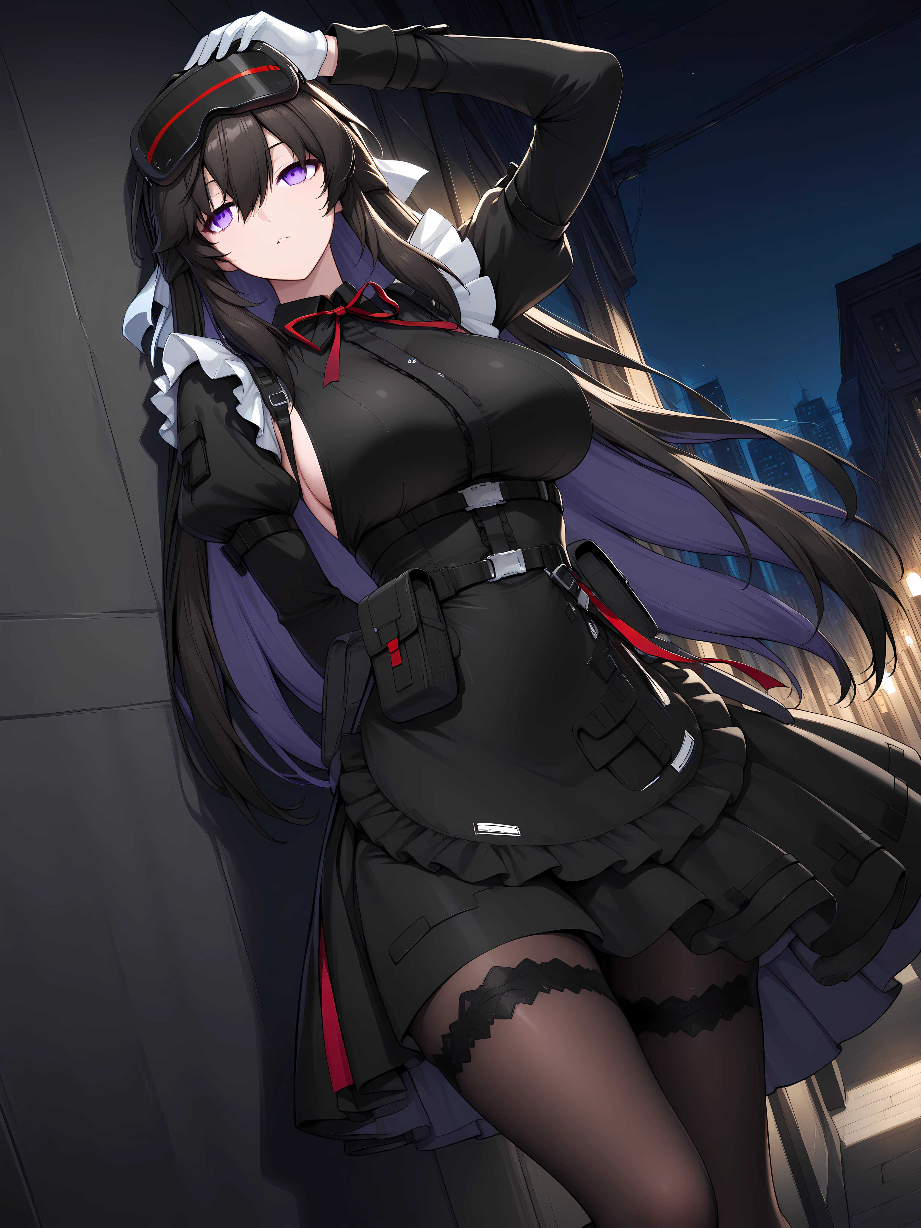 shin jia, blackroseoutfit, 1girl, solo, long hair, gloves, white gloves, purple eyes, shaded eyes, googles above head, pantyhose, frills, pouch, large breasts, apron, long sleeves, black dress, long skirt, layered skirt, ribbon, puffy sleeves, ops dress, night, dark alleyway background, leaning on the wall,
<lora:XL-ShinJiav4-ILXLv2:1>, (masterpiece),(best quality),(ultra-detailed),(best illustration),(best shadow),(absurdres),(detailed background),(very aesthetic),