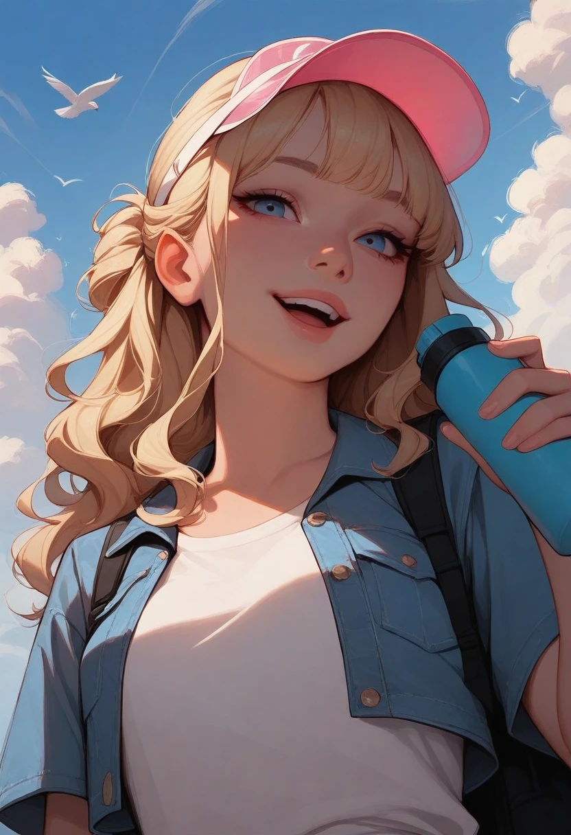 masterpiece, best quality, stylized, realistic, 1girl, solo, blonde hair, wavy hair, half updo, sidelocks, choppy bangs, blue eyes, smile, open mouth, looking at viewer, hand up, holding bottle, aqua thermos, visor cap, pink cap, transparent cap, t-shirt, white shirt, cropped jacket, denim jacket, black backpack, upper body, from below, dutch angle, blue sky, day, cloud, bird