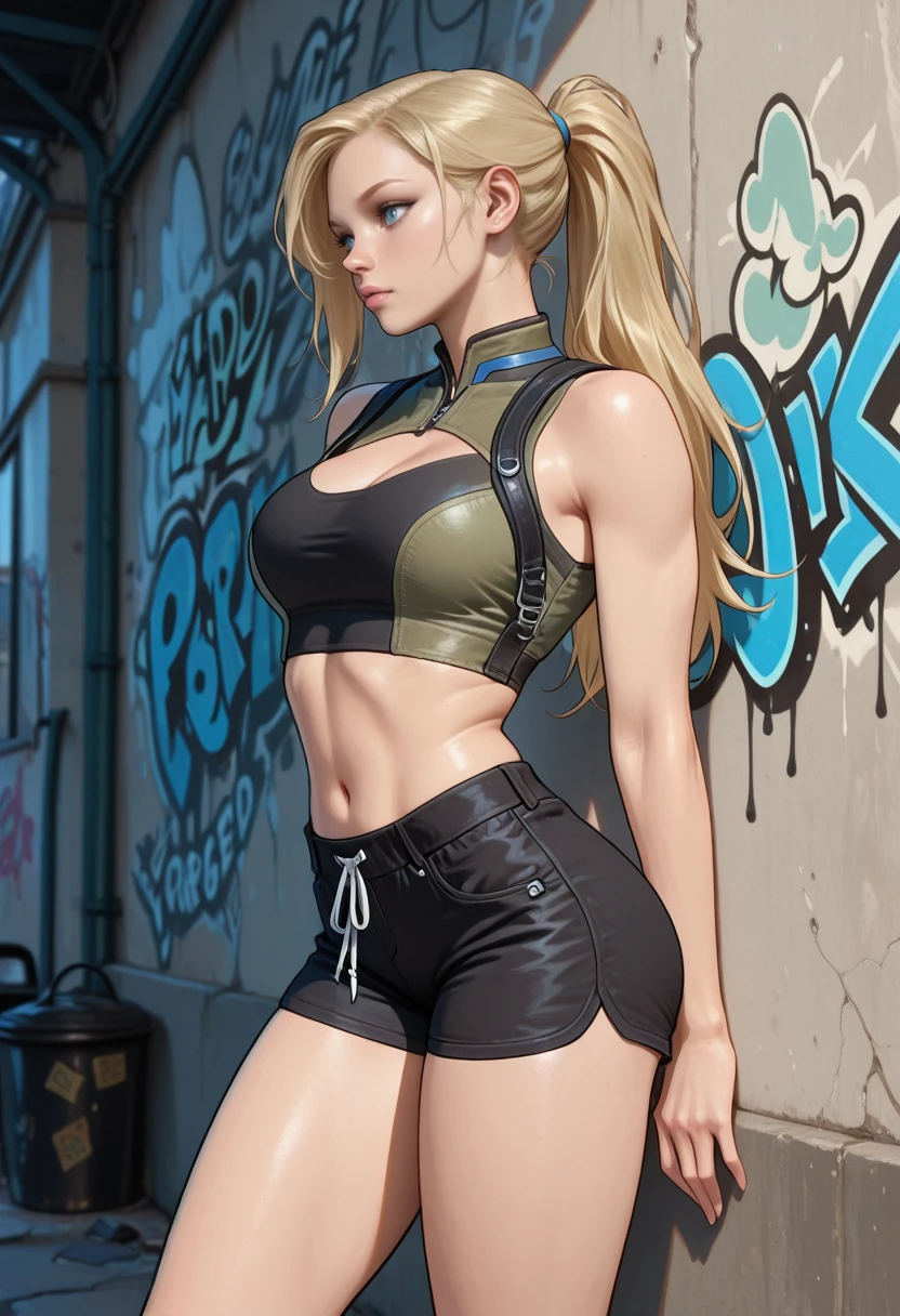 masterpiece, very aesthetic, best quality, absurdres, newest,
<lora:ILMKCassie:1.0>
MKCassie, 1girl, solo, blonde hair, ponytail, blue eyes, long hair, black shorts, wide crop top, leaning against wall, graffiti, dynamic pose