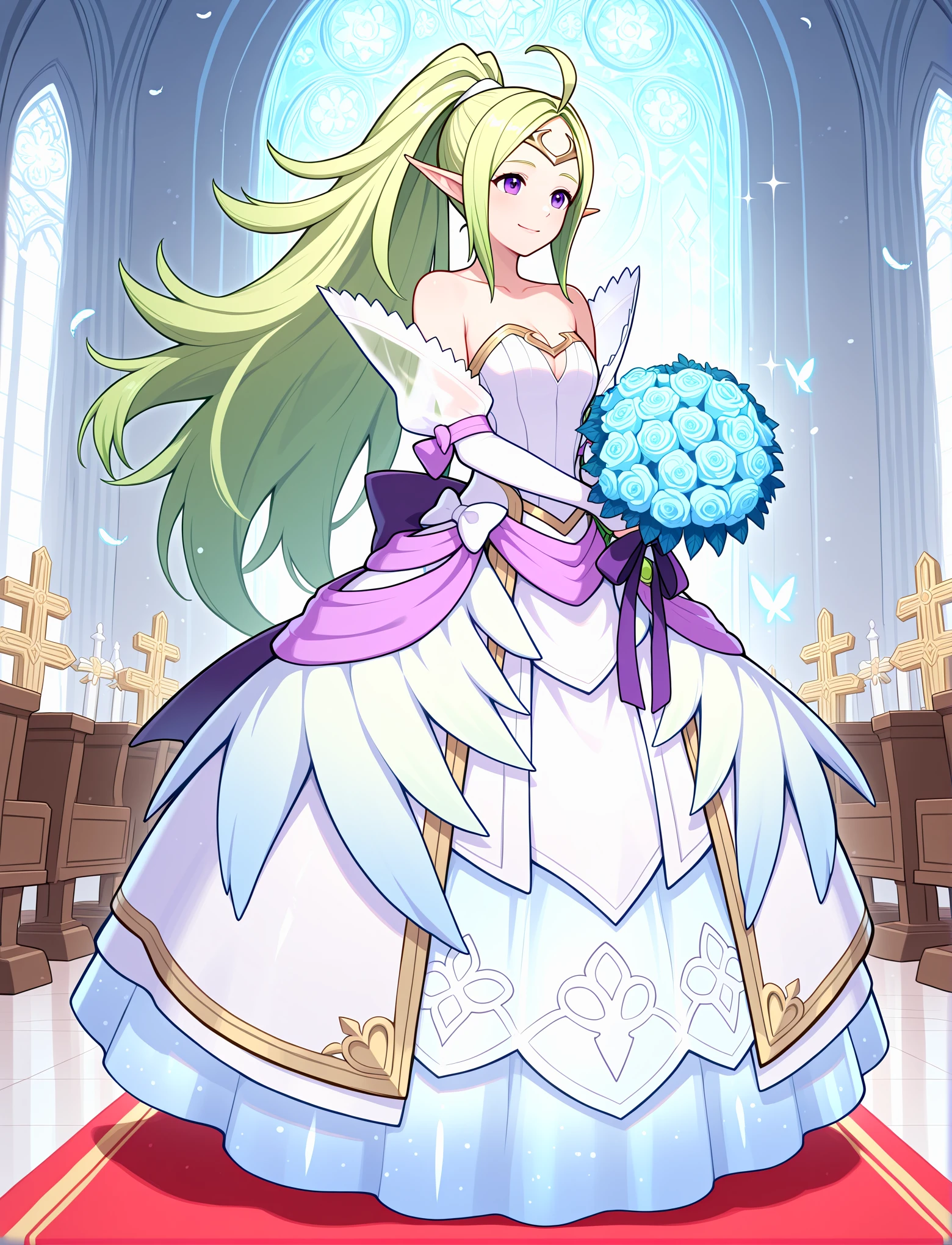 full body, church, temple, wedding, dynamic pose, altar, 1girl,
happy, light smile, 
<lora:AwakeningBridal2:1> awakeningbride, collarbone, strapless,  shoulders, cleavage, back bow, ribbons, butterfly hair ornament, long dress, (glowing dress), sparkling dress, shiny clothes, white wedding dress, feathers, detached sleeves, bridal gauntlets, gold trim, blue glow, holding bouquet,
 <lora:nowiILM:1> nowi (fire emblem), blonde hair, green colored tips, long hair, very long hair, parted bangs, purple eyes, ahoge, pointy ears, ponytail, high ponytail, tiara, circlet, sidelocks, gradient hair, bow,, masterpiece, best quality, amazing quality, very aesthetic, absurdres, newest