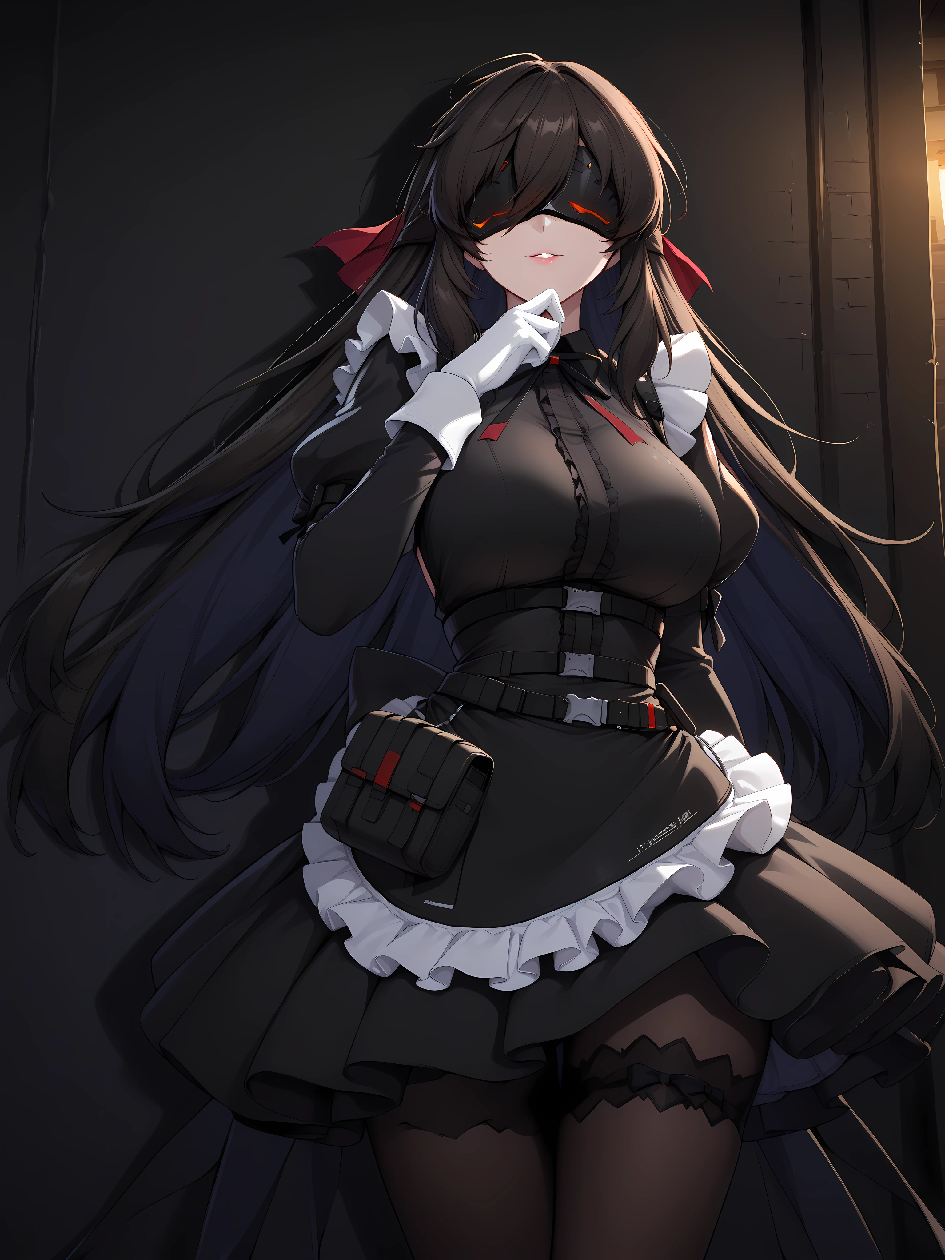 shin jia, blackroseoutfit, 1girl, solo, long hair, gloves, white gloves, covered eyes, pantyhose, frills, pouch, large breasts, apron, long sleeves, black dress, long skirt, layered skirt, ribbon, puffy sleeves, ops dress, night, dark alleyway background, leaning on the wall, seductive smirk
<lora:XL-ShinJiav4-ILXLv2:1>, (masterpiece),(best quality),(ultra-detailed),(best illustration),(best shadow),(absurdres),(detailed background),(very aesthetic),