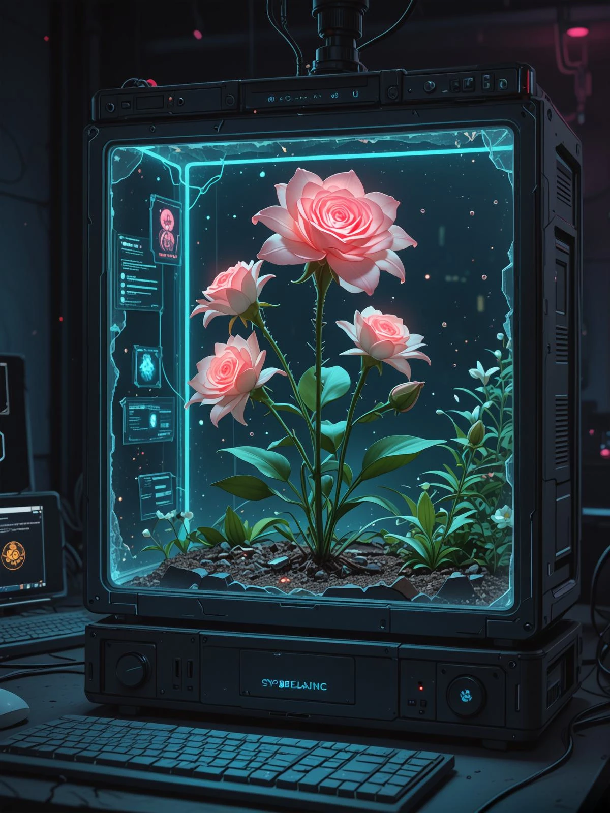 most beautiful transparent optic fiber rose and lily flowers glowing breaking into pieces, artistic fragile, epic gloomy, scenic lighting, biomechanical cyberpunk style, merge of flowers and computers, trending on CGSociety, soft shadows, stylized photo, vibrant