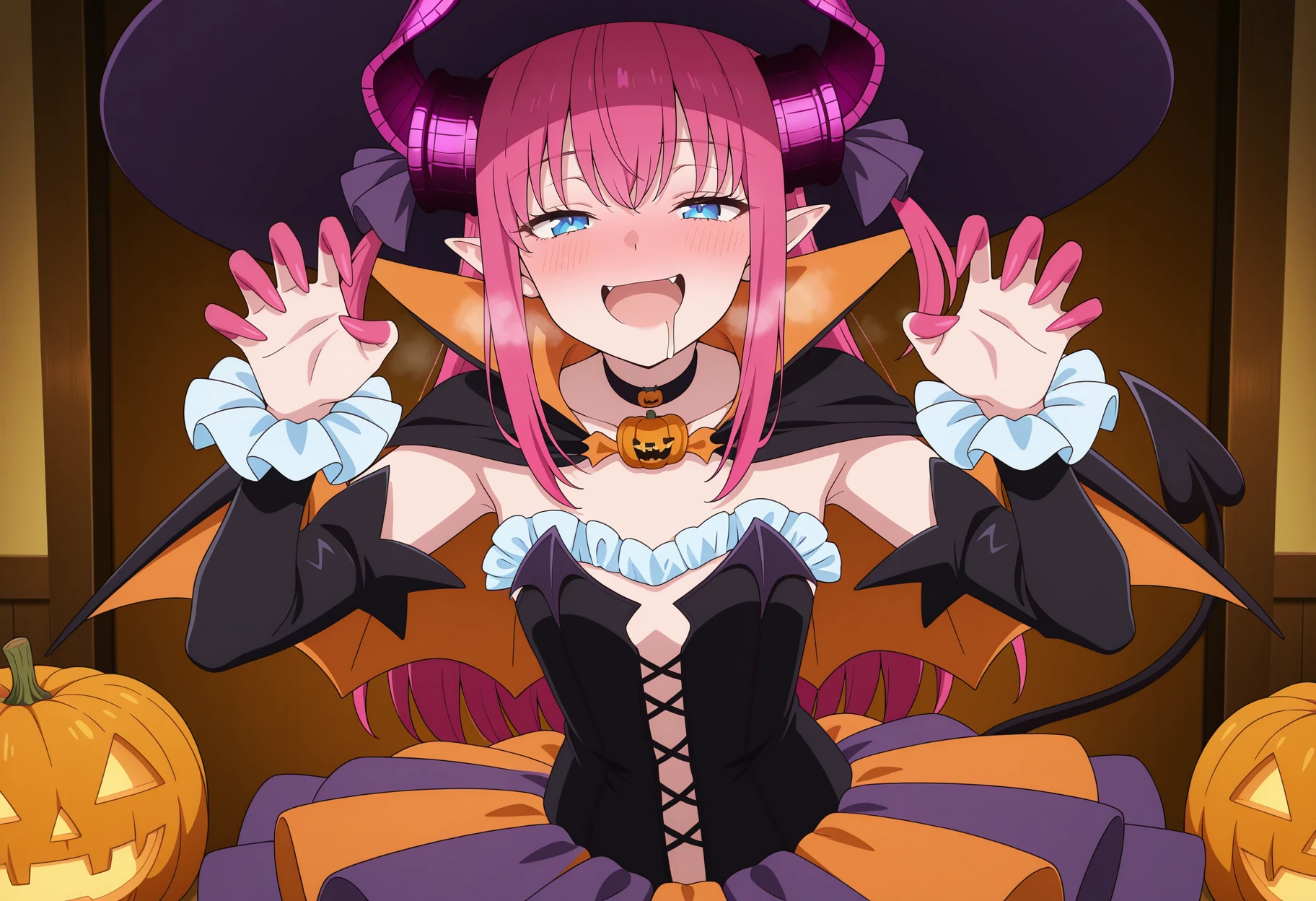 anime screencap, anime coloring, 1girl, solo, 1girl, asymmetrical horns, blue eyes, long hair, pink hair, pointy ears, demon tail, pink claws, witch hat, haloween costume, striped clothes, short dress, frills, detached sleeves, choker, claw pose, female pervert, open mouth, drool, half-closed eyes, heavy breathing, close-up, indoors, smile, blush, pumpkin choker <lora:Liz_illus:1>, masterpiece, best quality, amazing quality, very aesthetic, absurdres, highres, newest