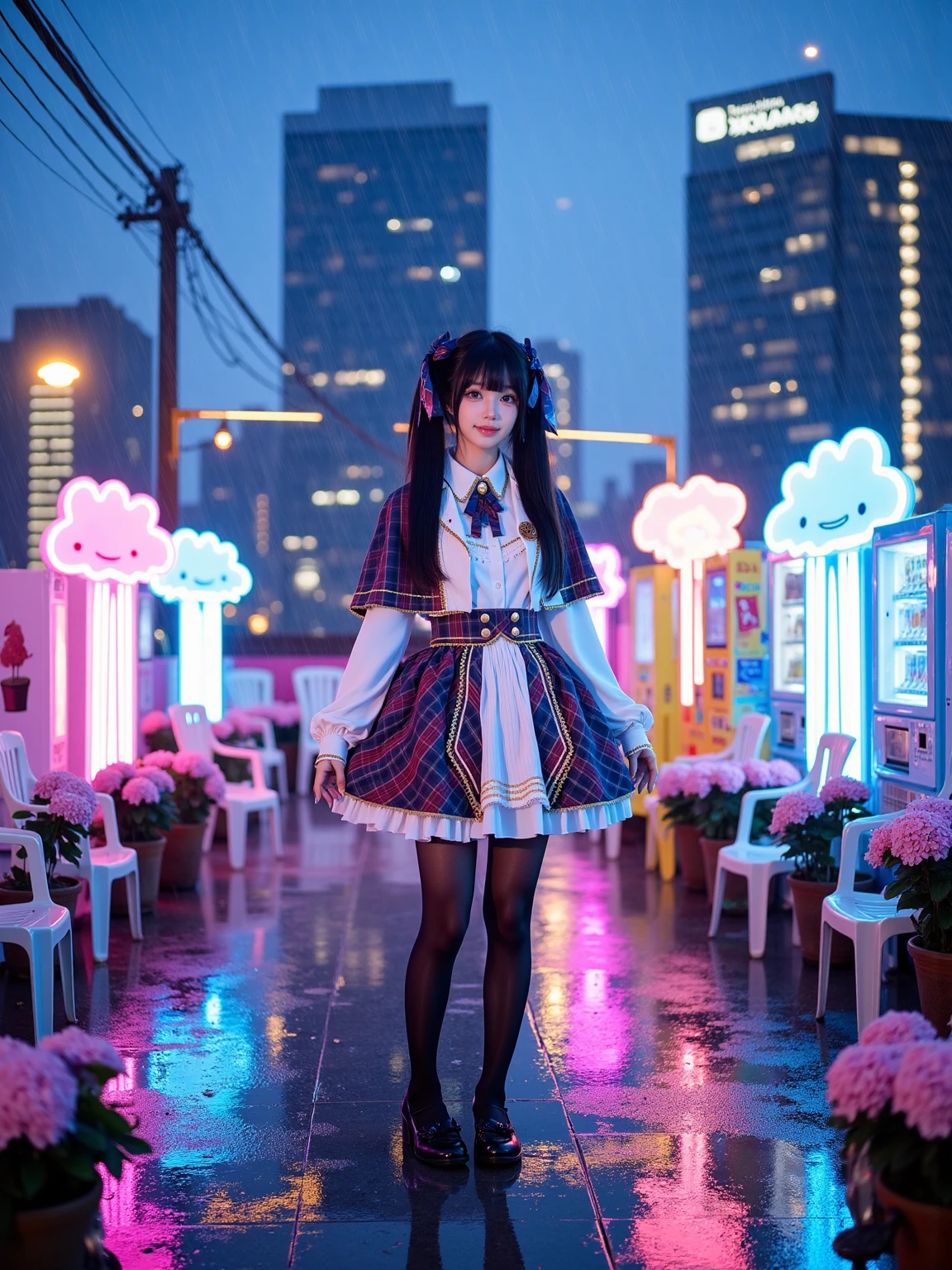 A realistic photo of a beautiful woman in idol outfit. She is also wearing black pantyhose and black mary janes. She has long black straight with twintails and hair ribbon. The background is rain-slicked Tokyo rooftop at twilight with prismatic hologram advertisements projecting across glass skyscrapers. Glowing pastel pachinko machine signs reflect in puddles between potted hydrangeas. Retro plastic lawn chairs face a DIY stage framed by neon tube sculptures shaped like cartoon clouds, power cables snaking to humming vending machines emitting soft blue light.