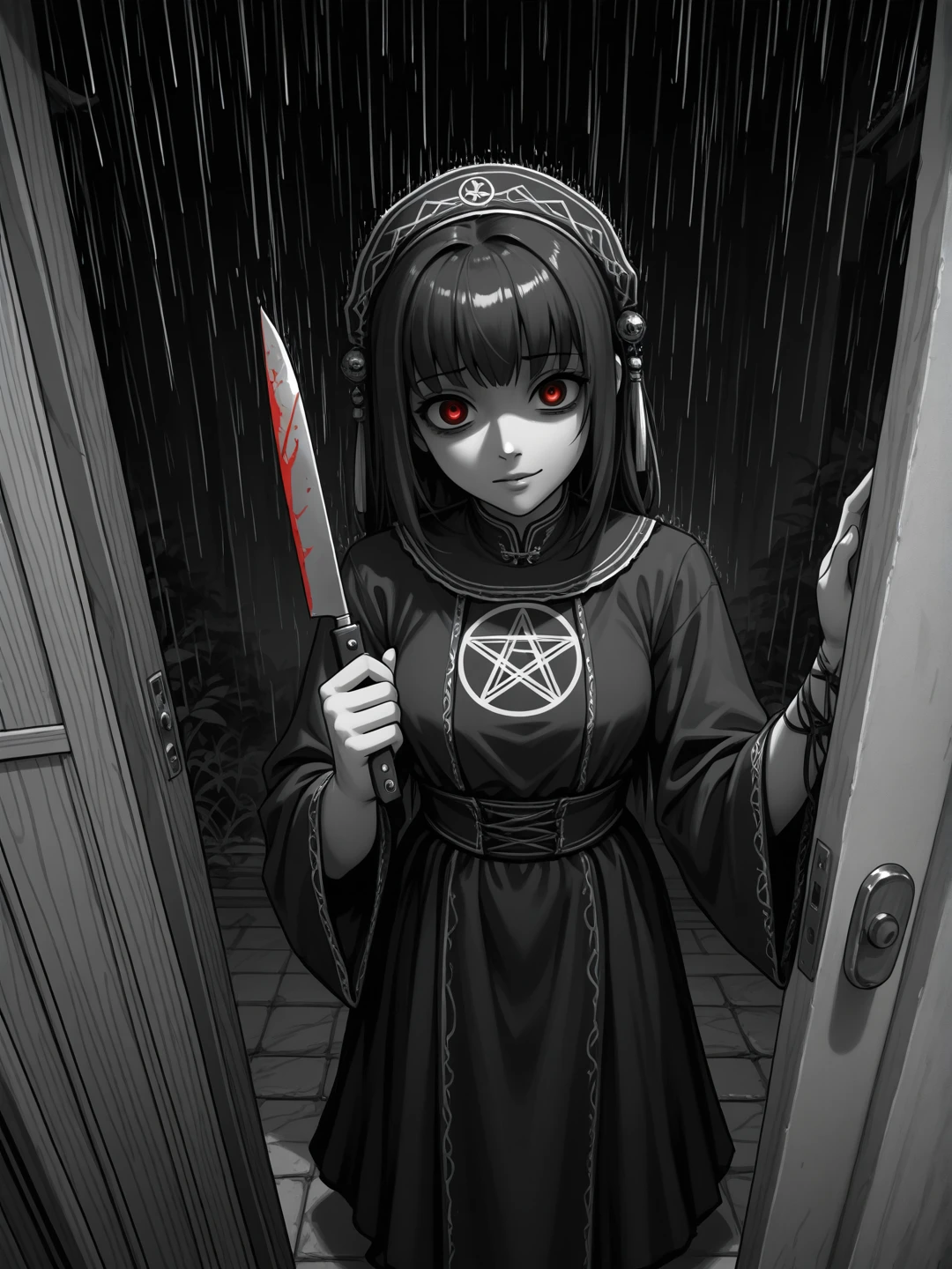 1girl, east-Asia, Oriental, Japanese, ((yandere)), dark, gothic, pentagram, holding knife, head tilted, staring at viewer, outdoors, at door, pov answering door, raining, partially colored, fisheye_lens, dynamic angle, masterpiece, absurdres