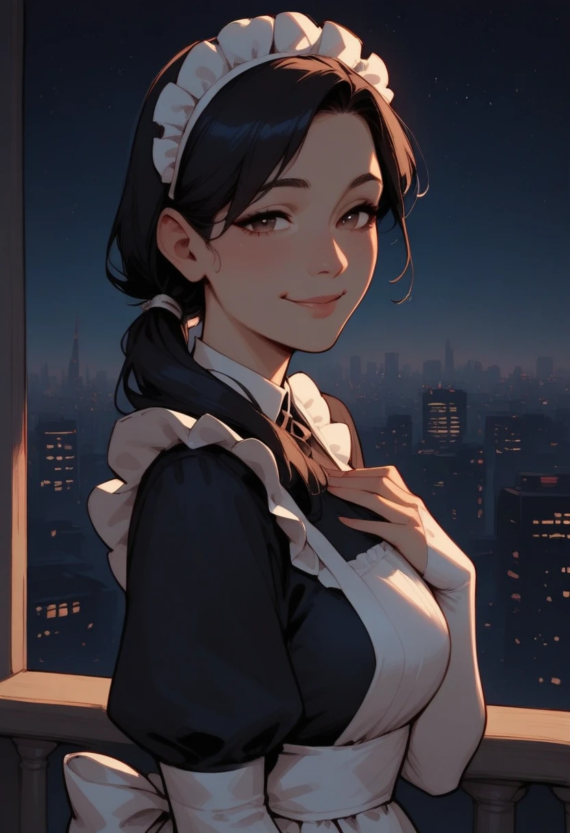 masterpiece, best quality, 1girl, solo, mature female, low side ponytail, one hand on own chest, maid, maid outfit, white elbow gloves, upper body, from side, looking at viewer, smile, balcony, night, starry sky, dark, city, cityscape, stylized