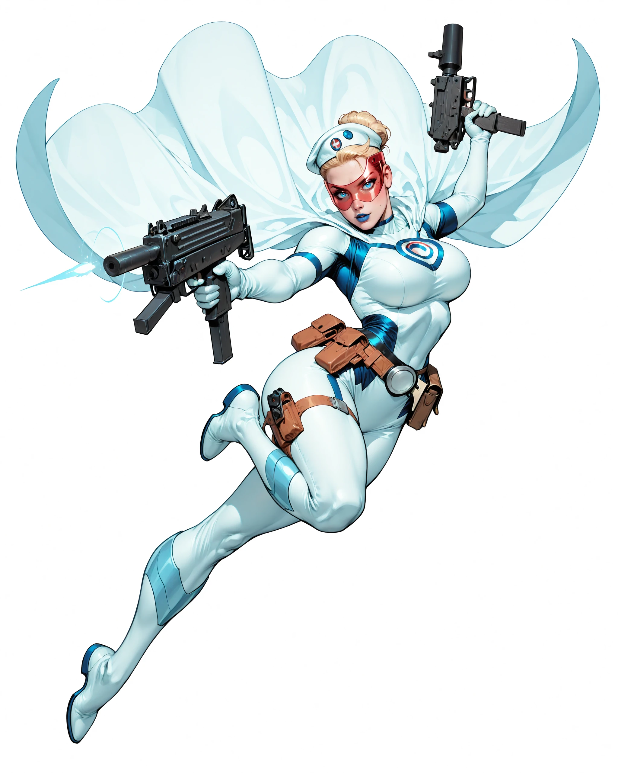 solo, (full body shot, wide shot:1.2), 1girl, (30 year old Russian woman:1.2), beautiful female cyborg spy, fair skin, (white with light blue accents superhero bodysuit with armor padding:1.3), white body armor vest, thigh pistol holsters, white cloak, white military beret, cyborg, cybernetic seams, utility belt, blue eyes, epic red visor, long blonde hair, hair bun, white arm length gloves, slim waist, (toned body:1.1), (large breasts:1.2), wide hips, ultra detailed face, (blue lips:1.2), confident closed mouth smile, strong jaw line, white thigh high superhero boots, (shooting a mac-10 machine pistol with a suppressor:1.2), blue lasers shooting out the mac-10, white background, (dynamic pose, dynamic composition, dynamic angle:1.2), digital painting, masterpiece, best quality, very awa, absurdres, 8k, comic art style, detailed,

ArsMJStyle, Colored pencil hyperdetailed realism, masterpiece, very aesthetic, G0thicL1nes, C0M1C5 Style, c0m1c5 style, (borderless), cgstyle, SUP3RH3R0 Style, sup3rh3r0 style, comic art style, C0M1C5 Style, c0m1c5 style, SMG-0  