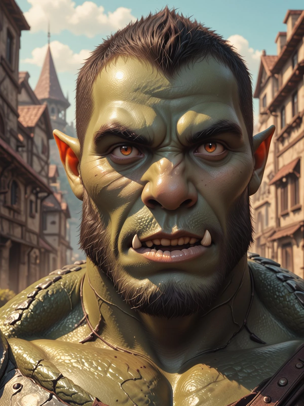 orc city on rocks, doom view, detailed portrait, epic dark fantasy, vibrant, orc scales, anime, score_9, art photography, soft focus, soft shadows, pastel colors, radiant vibe