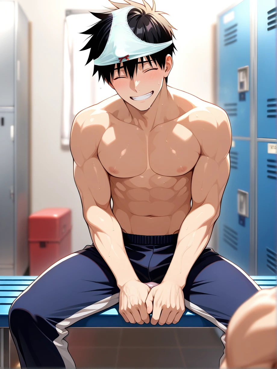 shirtless, super muscular, sweat-drenched body, dripping with sweat, 22-year old short black hair handsome caucasian male wearing sweat-drenched white boxing shorts, boxing boots, panting, very exhausted, drenched with sweat, sweating profusely, shirtless, sitting on the bench, bottled water, towel, in the locker room