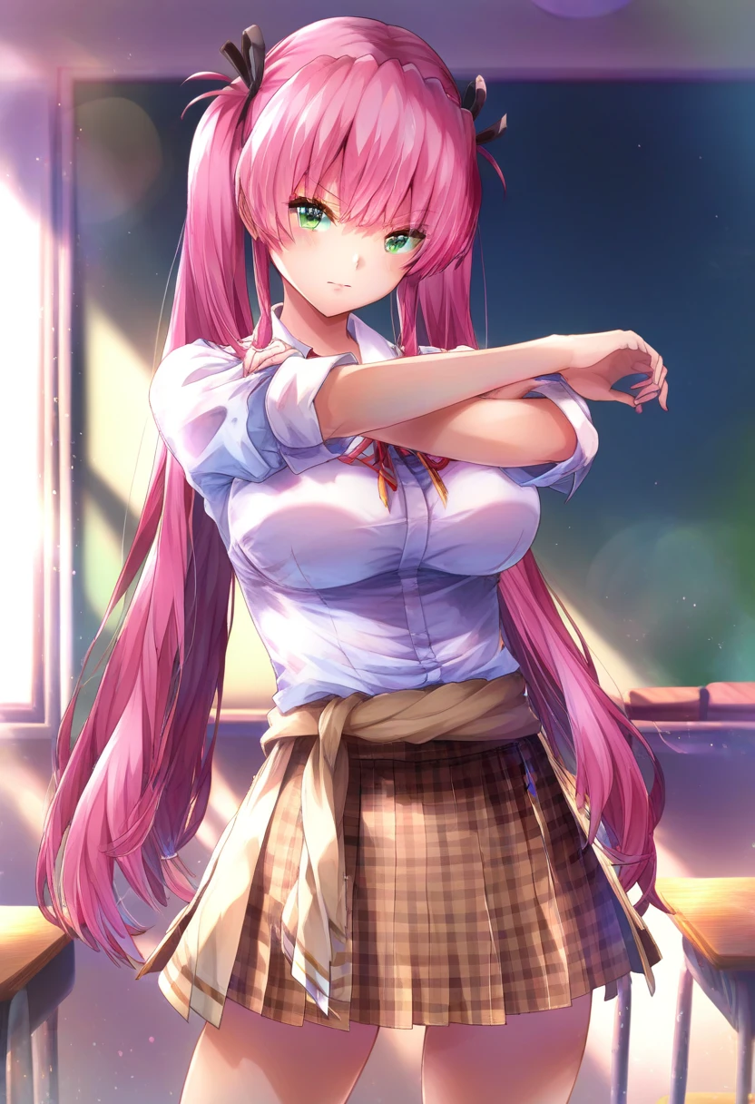 best quality, highres,
cowboy shot, looking at viewer,
(best quality), finely detail, in classroom, arms crossed, thunder from hands
1girl,
super long hair, hair ribbon, pink hair, twintails, ribbon, bangs, green eyes, large breasts
white shirt, pleated skirt, plaid skirt, brown mini skirt,
mgmaikw, , <lora:aikawamegumi_IL_XL_V1:1>