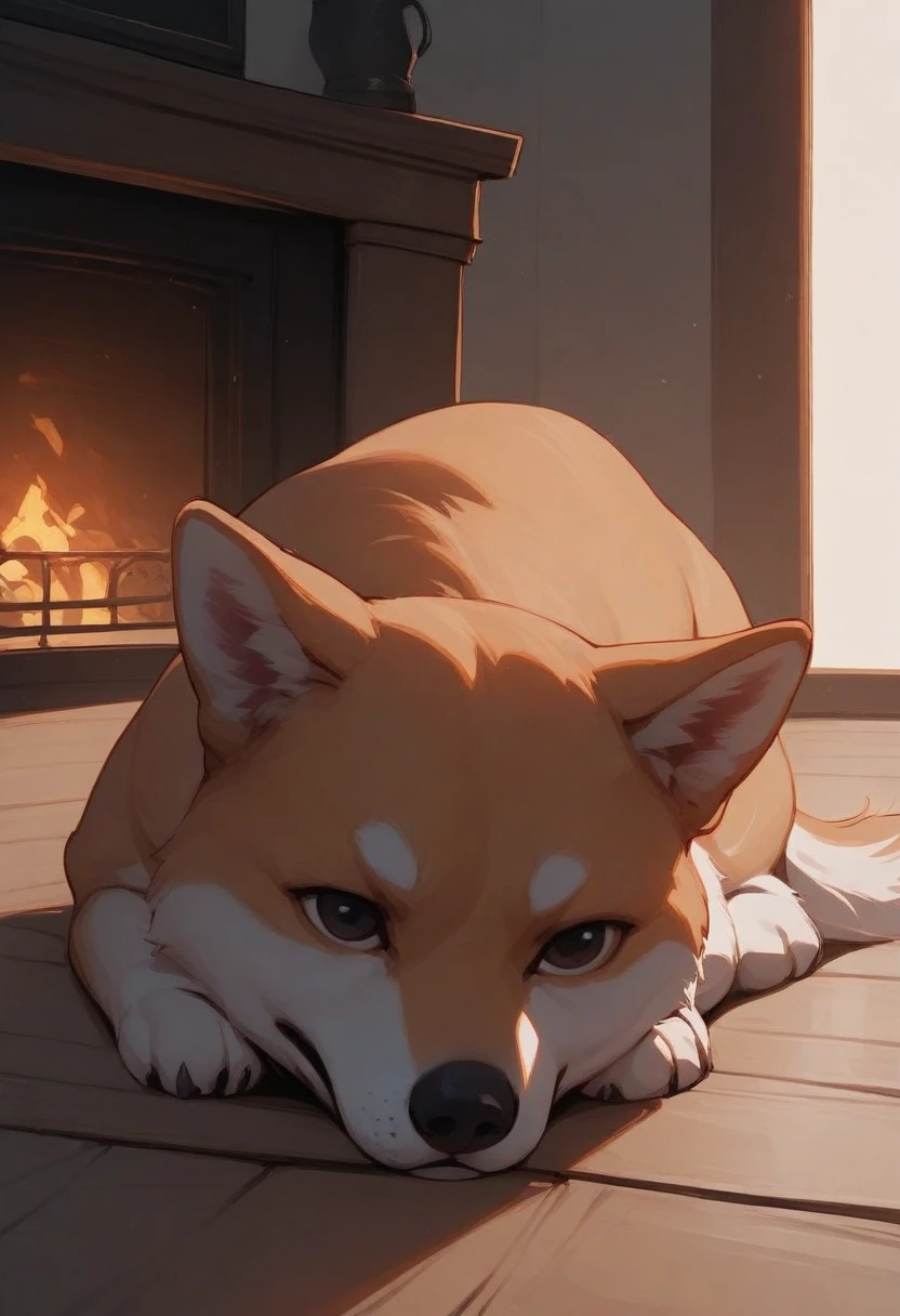 masterpiece, best quality, stylized, no humans, dog, animal focus, shiba inu, on stomach, wooden floor, fireplace, indoors, backlighting
