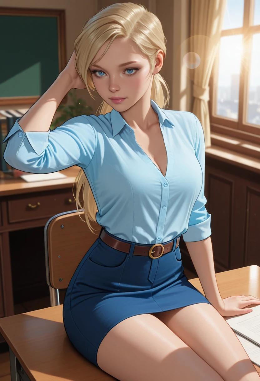 masterpiece, very aesthetic, best quality, absurdres, newest,
<lora:ILMKCassie:1.0>
MKCassie, 1girl, solo, blonde hair, ponytail, blue eyes, long hair, sitting at a desk, one hand behind her head, casual business outfit, discreet lens flare