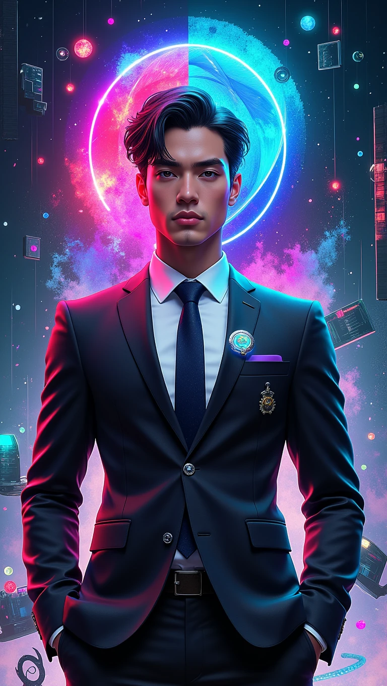 A sharply defined male figure stands against a glowing, dreamlike backdropâhis presence commanding yet ethereal. He has obsidian-black hair swept back in soft, animated strands that shift like digital ink in slow motion. His eyes, one crystalline silver and the other a vivid, glitching violet, reflect layers of hidden code and swirling galaxies, giving him an enigmatic, almost celestial intensity. His skin is smooth and hyper-realistic, with subtle iridescent undertones that catch light like polished stone. Clad in futuristic business attireâan ultra-fitted suit cut from sleek graphite fabric with bioluminescent seams and subtle mechanical accentsâhe emanates a surreal, cyber-aristocratic elegance. A digital brooch shaped like a fractal sigil pulses faintly on his lapel. The background is a stylized collage of floating polygonal architecture and shifting watercolor skies, alive with texture, light trails, and glitch bloom. Heâs a visionary from another worldâhalf oracle, half executiveâin the radiant chaos of Prismatica. <lora:Prismatica2024-000017:0.7500000000000001>
