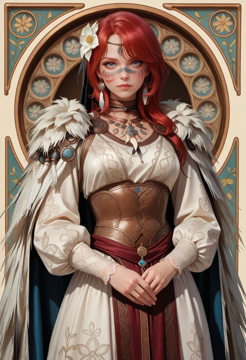 masterpiece, very aesthetic, best quality, absurdres, newest, solo,
<lora:ILLADanika:1.0>
LADanika, 1girl, red hair, long hair face paint, blue eyes, looking at viewer, white dress, jewelry, white flower, art nouveau, earrings, long sleeves, own hands together, corset, hair ornament, framed, hair flower, veil, necklace, head chain, puffy sleeves, closed mouth, floral print, standing, lace