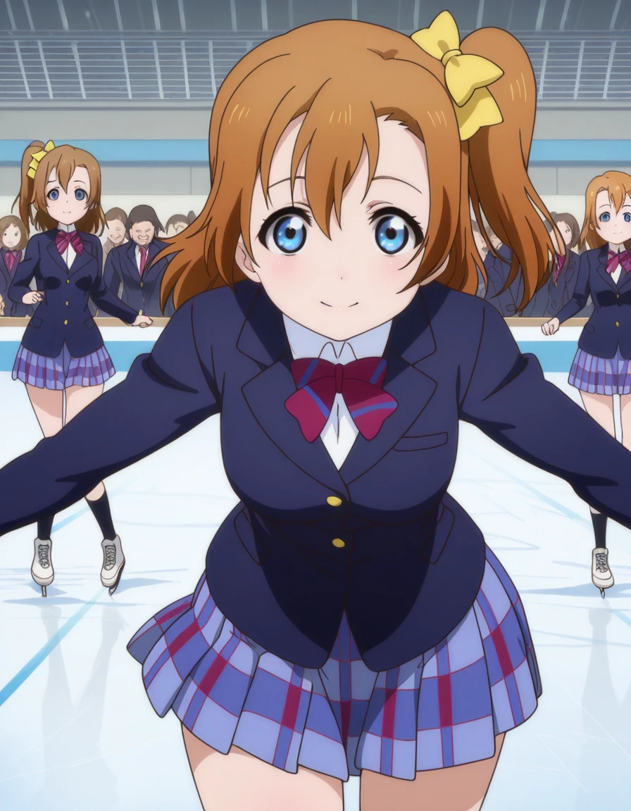 masterpiece, best quality, amazing quality,, <lora:honoka-kousaka-s1-illustriousxl-lora-nochekaiser:1>, honoka kousaka, kosaka honoka, blue eyes, brown hair, hair bow, orange hair, one side up, short hair, yellow bow, mature female, medium breasts, anime screencap, skirt, jacket, blazer, winter uniform, blue skirt,, leaning forward,, skating rink, ice, people, winter, fun, cowboy shot, solo, looking at viewer,