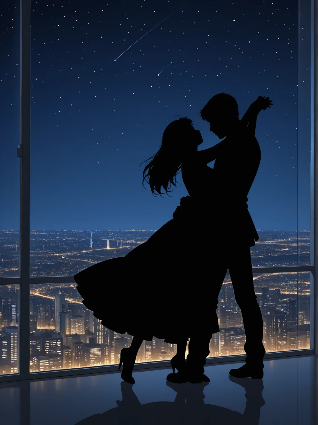 1girl, 1boy, cityscape, dancing, centred, silhouette, romantic, night sky, masterpiece, best_quality