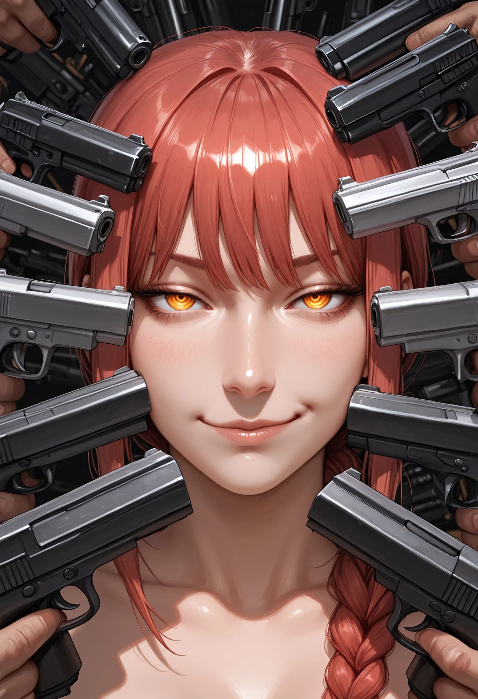 masterpiece, best_quality, amazing quality, newest, portrait, add detail, sharp focus, real skin, realistic, 2.8d, gradation grading, color contrast, impressionism, neon colors palette. BREAK, makima /(chainsaw man/), (smirk_:2), arrogant, too many, (handguns:2) foreground, pointing handguns at subject, circling her, around her, (outgunned)
<lora:breast_wall_v1:.75> <lora:WaduStyle:.1>
