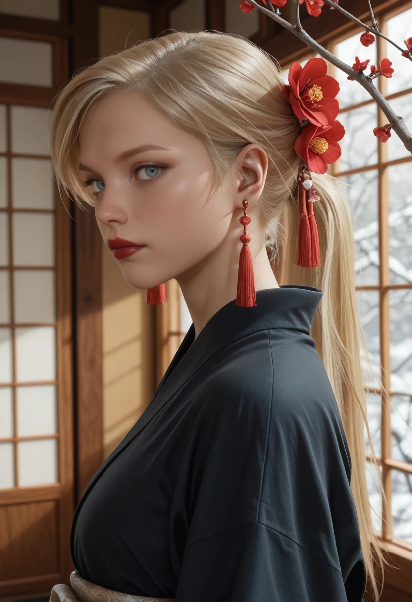 masterpiece, very aesthetic, best quality, absurdres, newest, solo,
<lora:ILMKCassie:1.0>
MKCassie, 1girl, solo, blonde hair, ponytail, blue eyes, long hair, looking at viewer, jewelry, black kimono, from side, japanese clothes, red lips, red flower, tassel earrings, upper body, closed mouth, lipstick, branch