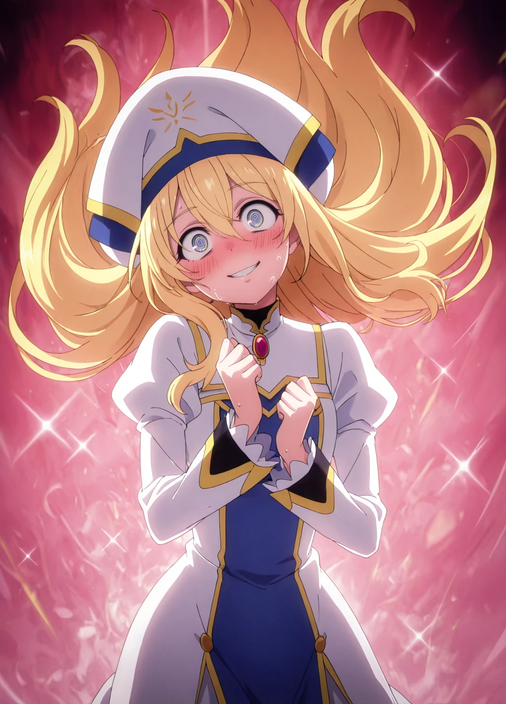 anime screencap,anime coloring,
dynamic pose,head tilt,
(masterpiece, best quality:1.2),
<lora:kirakira:0.8>,sparkle, colorful, kirakira,
1girl,
crazy eyes, crazy smile, @_@, blush,
BREAK,
<lora:GoblinSlayer_Priestess_IlluXL:0.8>,
1girl, solo, blush,in heat, sweat,
long hair, hair between eyes, blonde hair, blue eyes,
multicolored headwear, multicolored dress, white dress, blue dress, red brooch, juliet sleeves,
floating hair, floating,
<lora:add-detail-xl:1>,