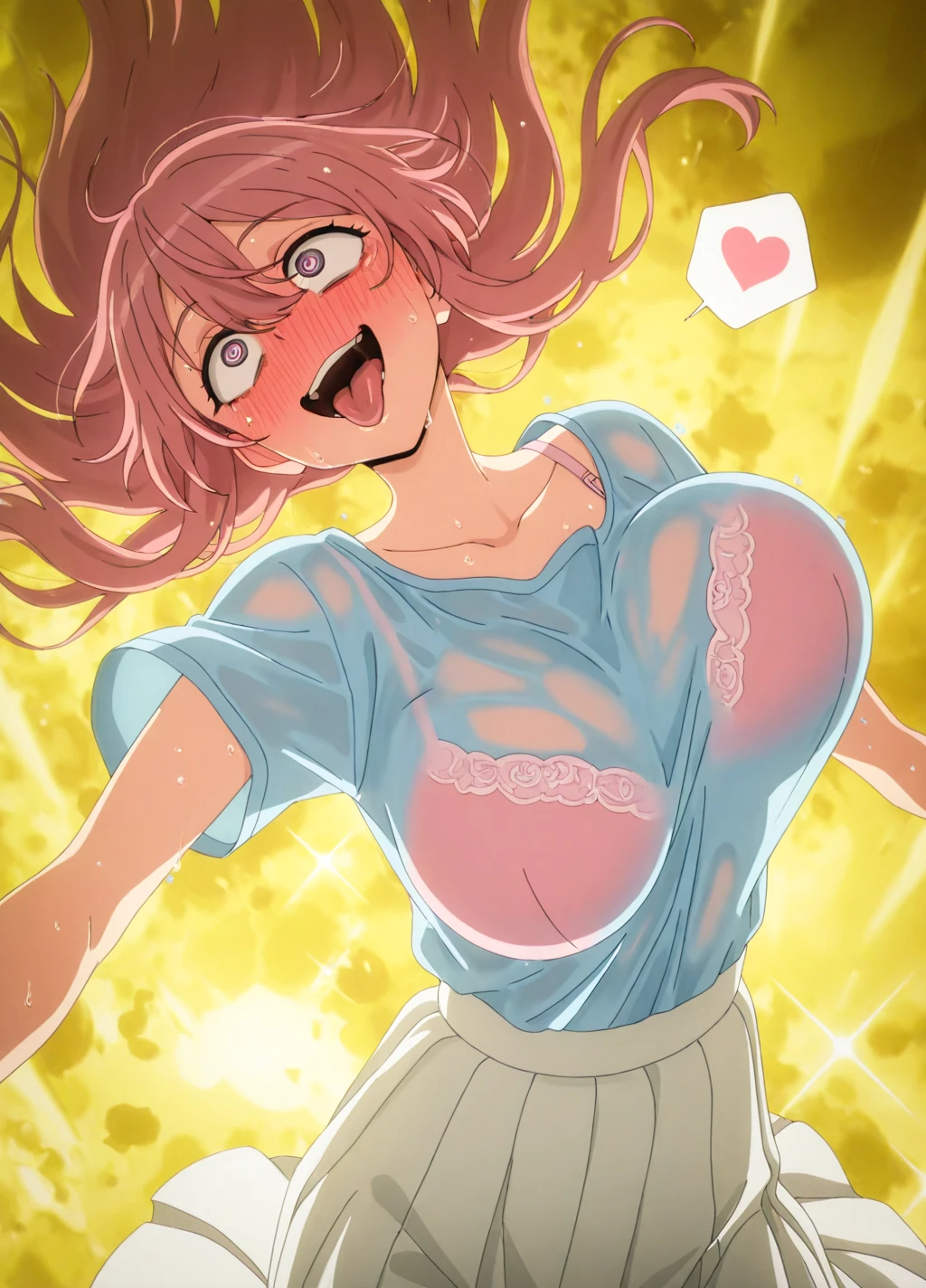 anime screencap,anime coloring,
yellow theme
dynamic pose,head tilt,dutch angle,
(masterpiece, best quality:1.2),
<lora:kirakira:0.8>,sparkle, colorful, kirakira,
1girl,
crazy eyes, crazy smile, @_@, blush,
BREAK,
<lora:SonoBisqueDoll_InuiShinju_IlluXL:0.8>,
1girl, solo, open mouth, parted lips, nose blush, wide-eyed,
long hair, hair between eyes, pink hair, multicolored eyes,
InuiCasual, collarbone, blue shirt, shirt tucked in, short sleeves, pleated skirt, long skirt, white skirt,
large breasts,
rolling eyes, full-face blush, moaning, orgasm, spoken heart, trembling, tongue out, bouncing breasts, sweat, wet, see-through clothes, pink bra,
floating hair, floating,
<lora:add-detail-xl:1>,