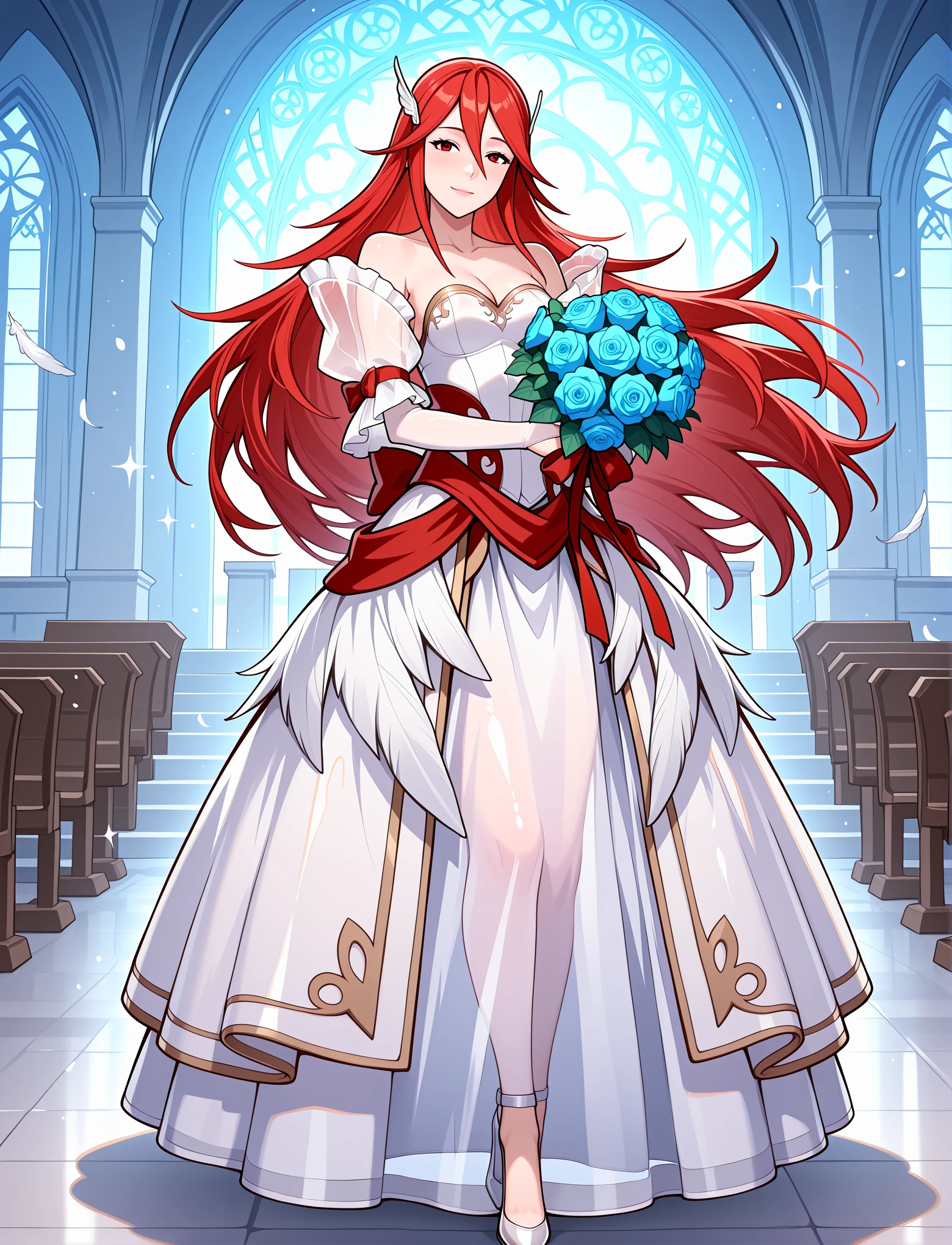 full body, church, temple, wedding, dynamic pose, altar, 1girl,
happy, light smile,
<lora:AwakeningBridal2:1> awakeningbride, collarbone, strapless, shoulders, cleavage, back bow, ribbons, butterfly hair ornament, long dress, (glowing dress), sparkling dress, shiny clothes, white wedding dress, feathers, detached sleeves, bridal gauntlets, gold trim, blue glow, holding bouquet,
<lora:Cordelia:1> Cordelia, long hair, red hair, hair ornament, red eyes,, masterpiece, best quality, amazing quality, very aesthetic, absurdres, newest
