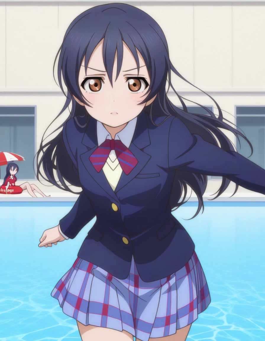 masterpiece, best quality, amazing quality,, <lora:umi-sonoda-s1-illustriousxl-lora-nochekaiser:1>, umi sonoda, sonoda umi, long hair, bangs, hair between eyes, brown eyes, blue hair, mature female, small breasts, anime screencap, skirt, jacket, blazer, winter uniform, blue skirt,, <lora:dynamic-pose-illustriousxl-lora-nochekaiser:1>, dynamic pose, cowboy shot, pool, water, lifeguard, swim_lane, float, cowboy shot, solo, looking at viewer,