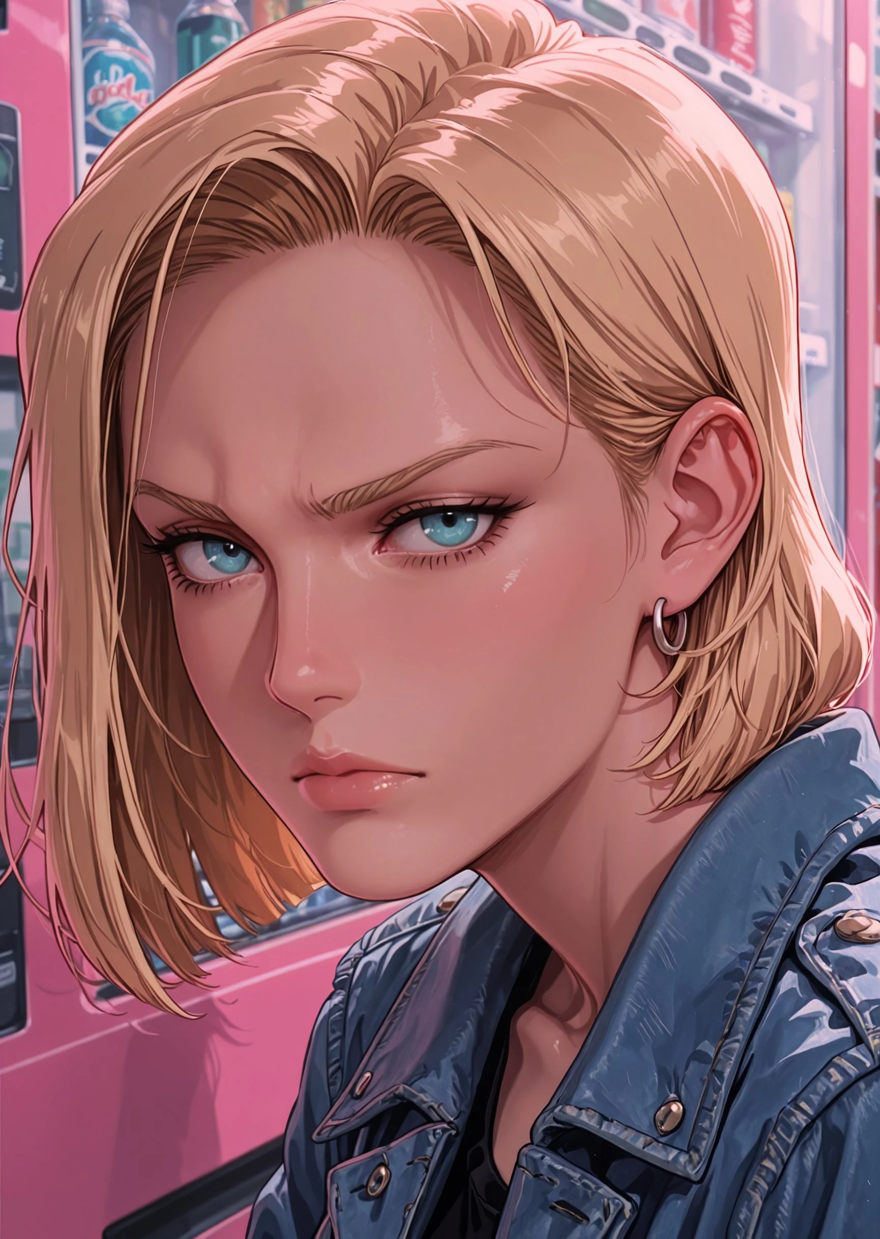 masterpiece, best quality, amazing quality, very aesthetic, masterpiece, best quality, amazing quality, very aesthetic, detailed eyes, perfect eyes, realistic eyes, BREAK, android 18, leaning her back against a vending machine, denim jacket, serious face, neon pink theme, face focus, close up
<lora:RSTHTC_Style__Illustrious:.8> <lora:cfg_scale_boost:.5>
